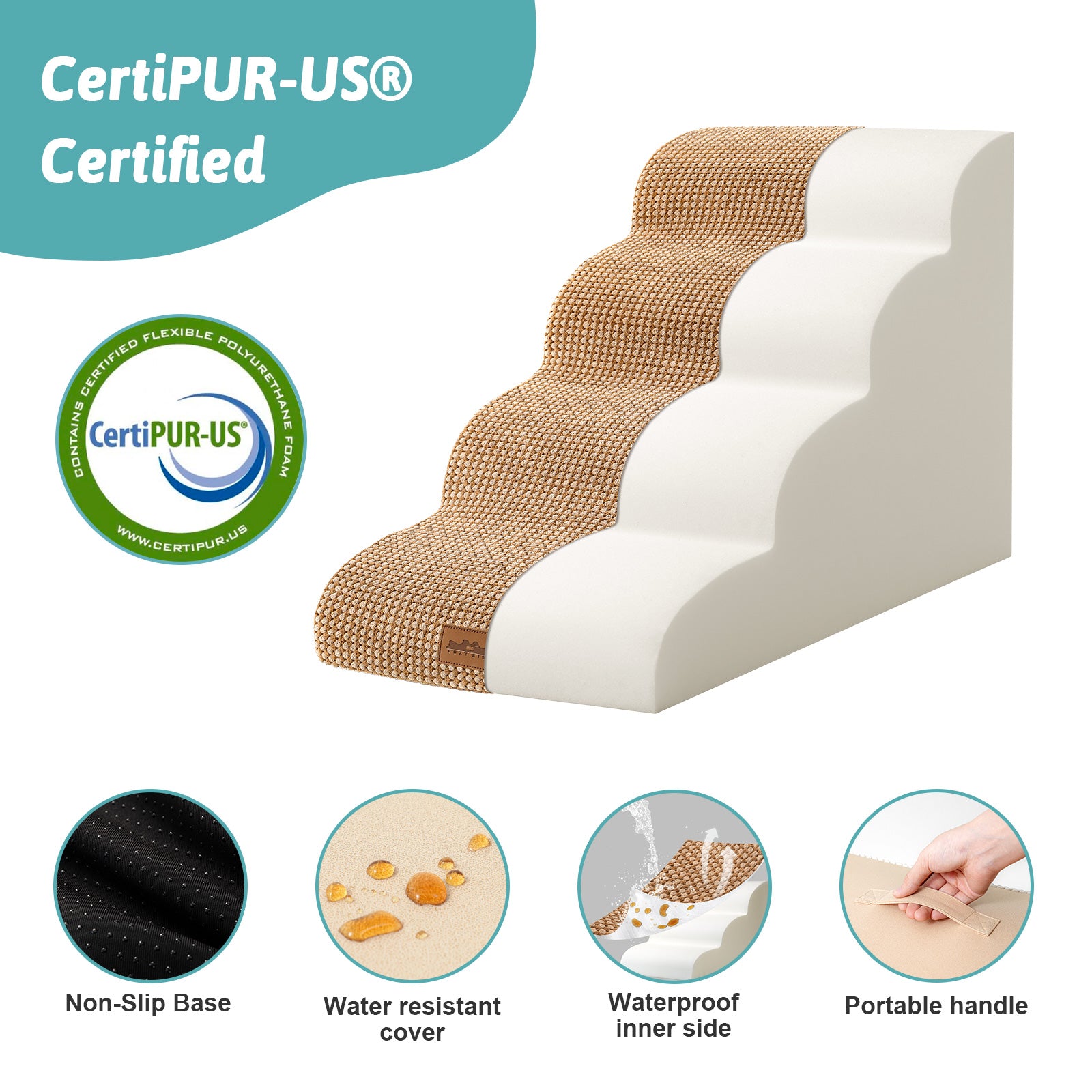 Pet stairs with CertiPUR-US certification and features listed on a white background#color_Light Brown
