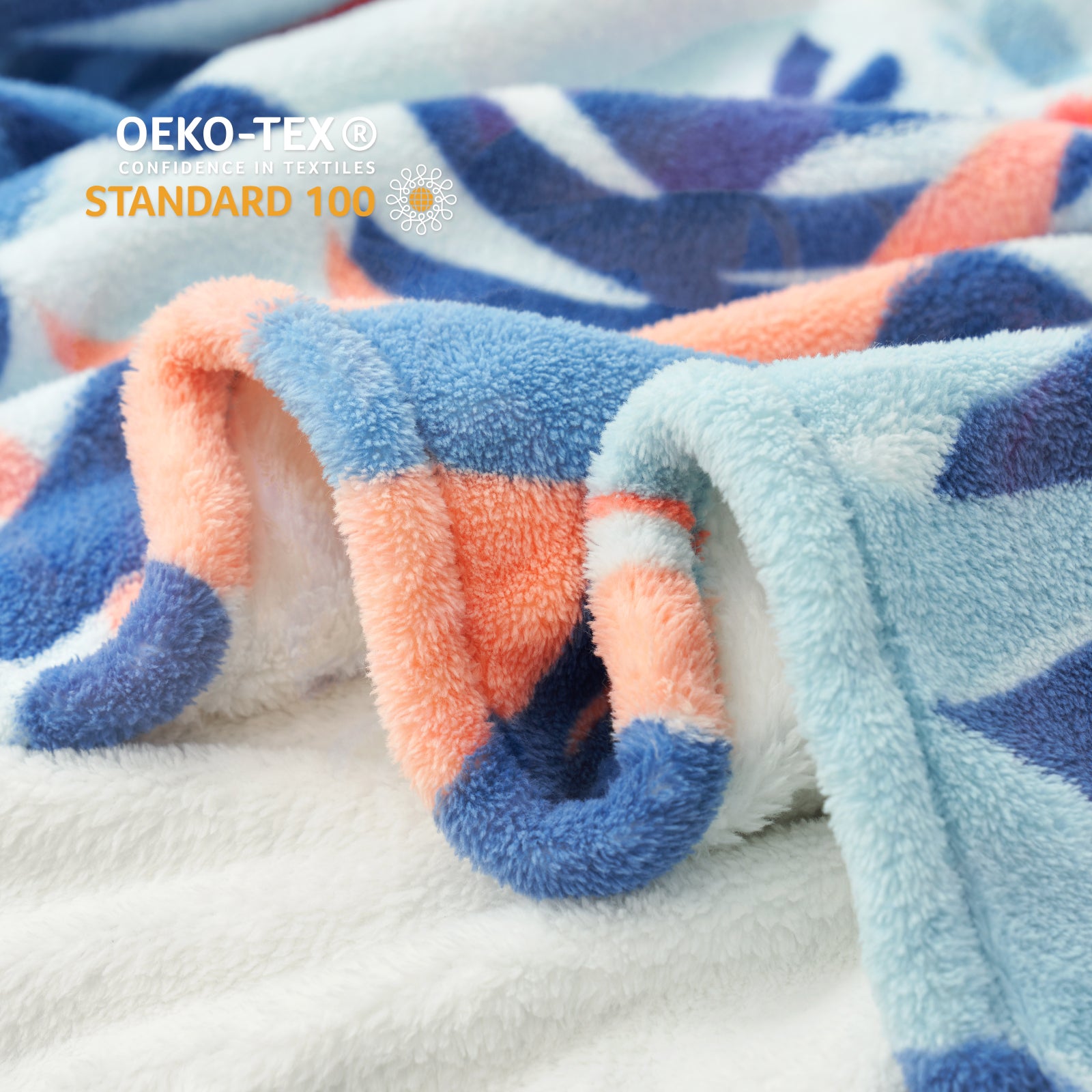 Colorful fleece blanket with OEKO-TEX Standard 100 logo on a white background #color_Panda Adventure