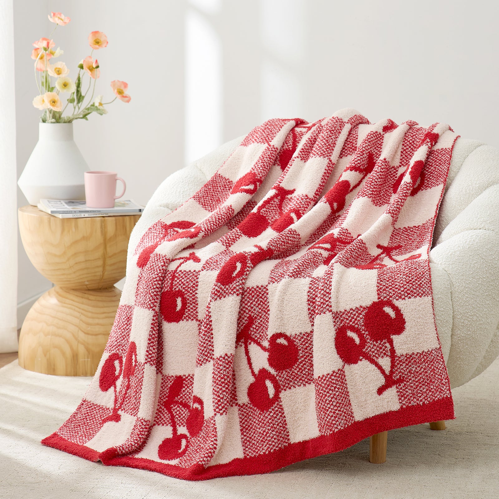 Cozy Bliss x SS Reversible Checkered With Red Cherry Throw Blanket