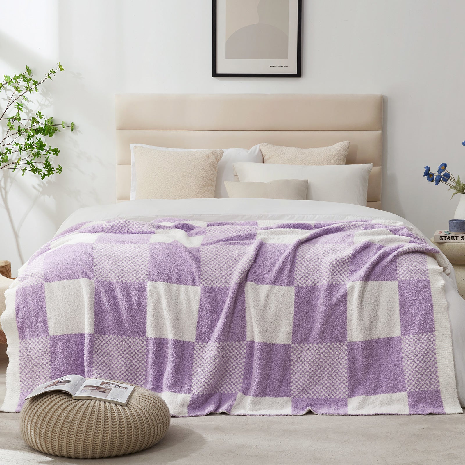 Checkered Feather Yarn Throw Blanket - Romantic Red