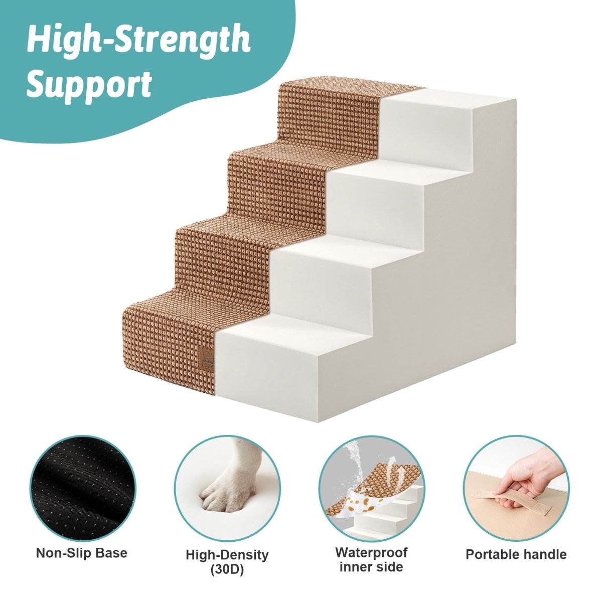 High-strength support of Cozy Bliss foam pet stairs featuring non-slip base, 30D high-density foam, waterproof inner side, and portable handle. #color_Light Brown