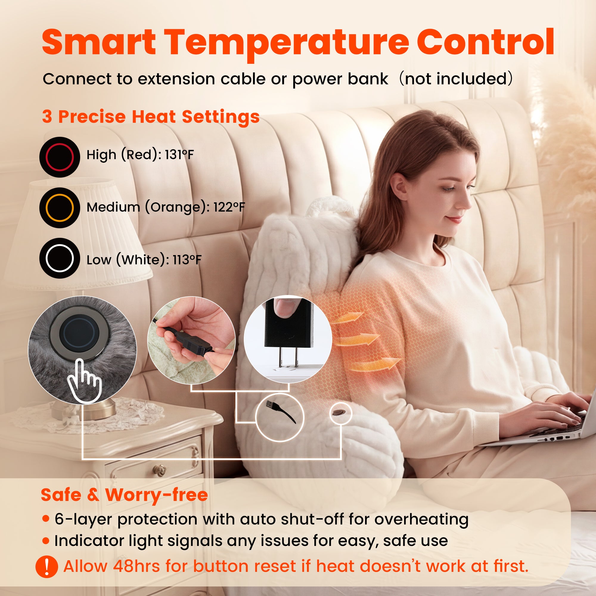 Smart temperature control and 6-layer protection heated reading pillow for comfort and safe. #color_Ivory