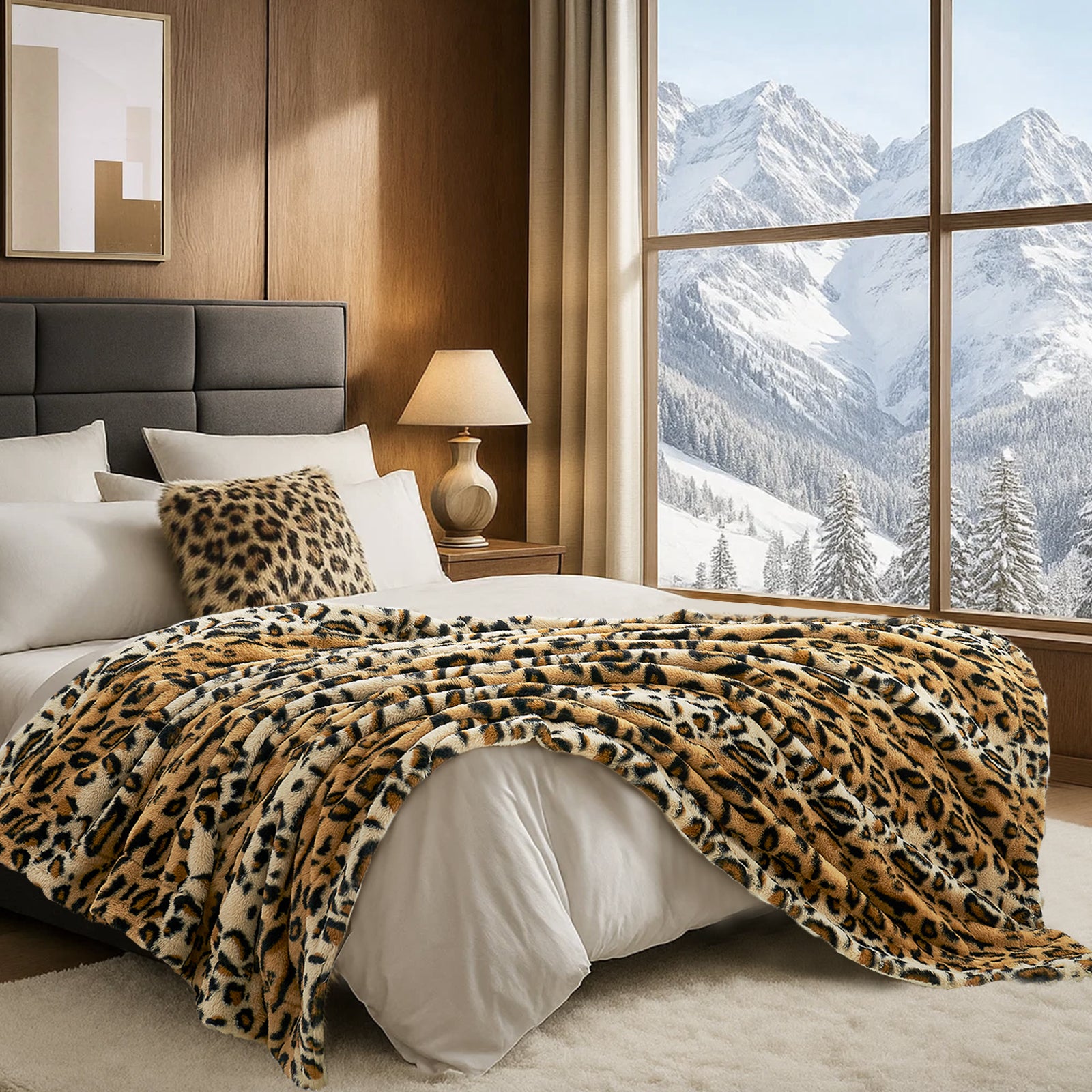 Bedroom with leopard print blanket, lamp, and mountain view #color_Brown Leopard