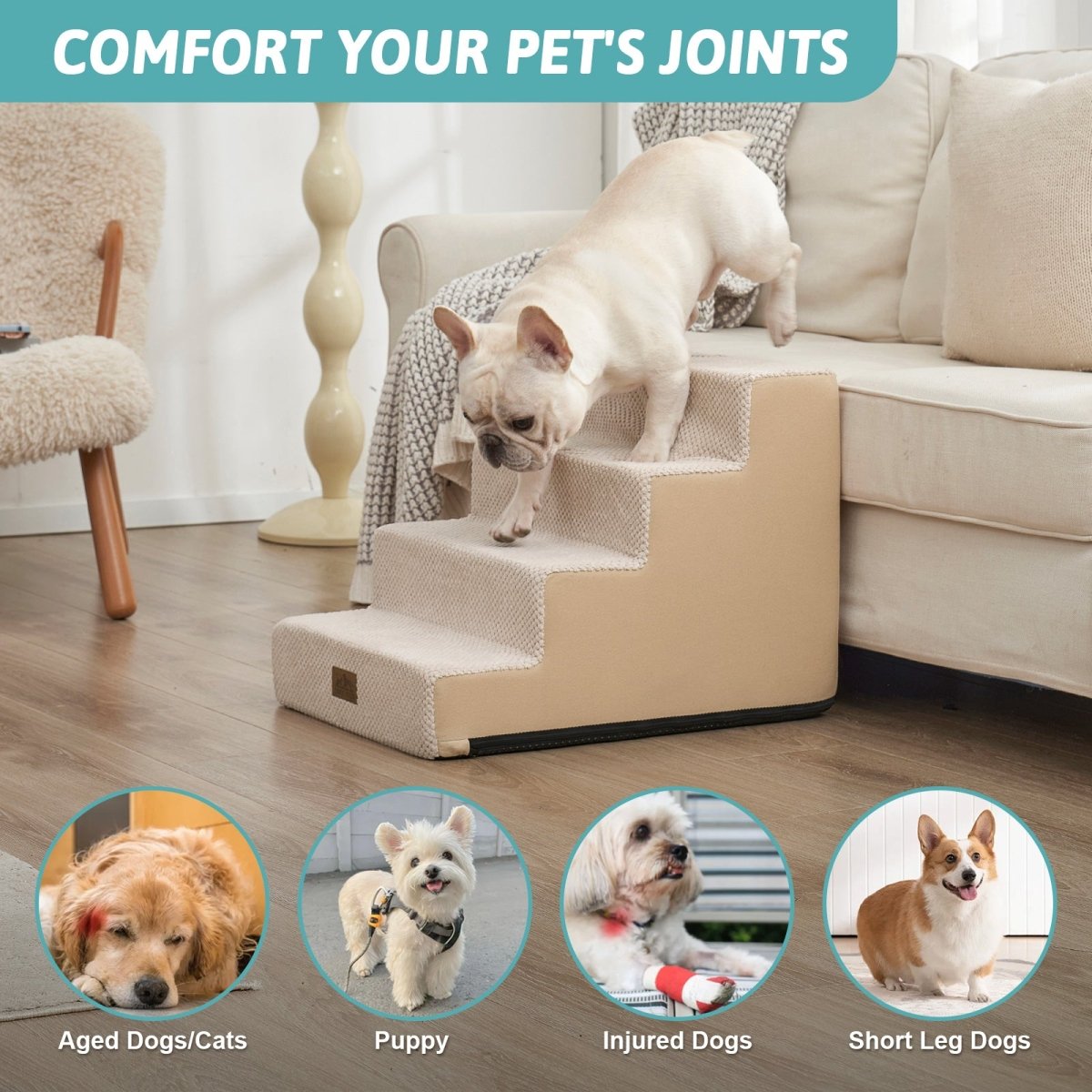 Cozy Bliss foam pet stairs help comfort joints for aged dogs, puppies, injured dogs, and short-leg dogs. #color_Beige