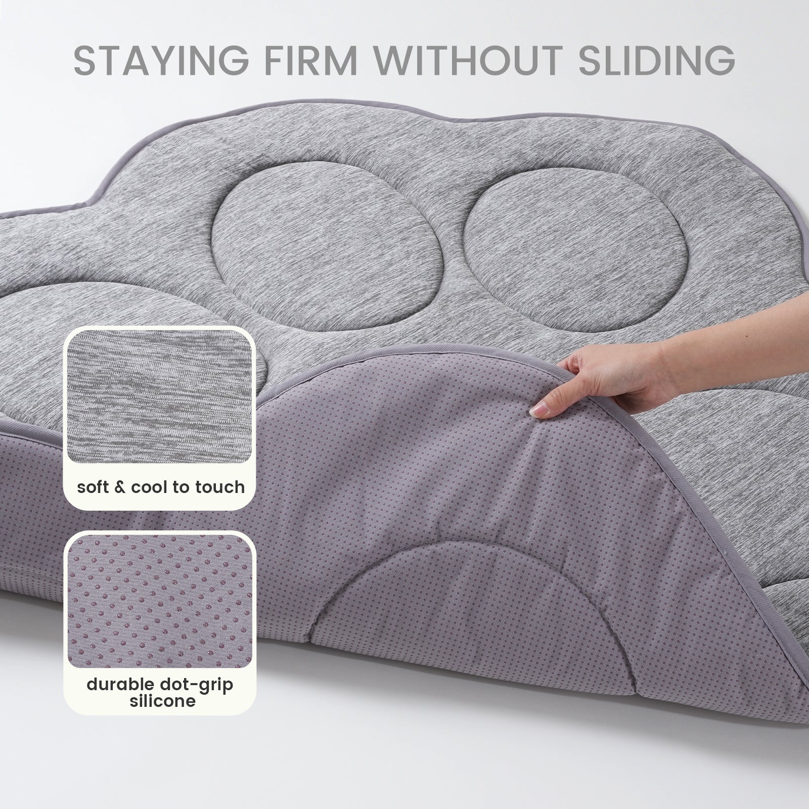 Gray paw-shaped cooling pet mat with text highlighting features on a white background#color_Charcoal Grey