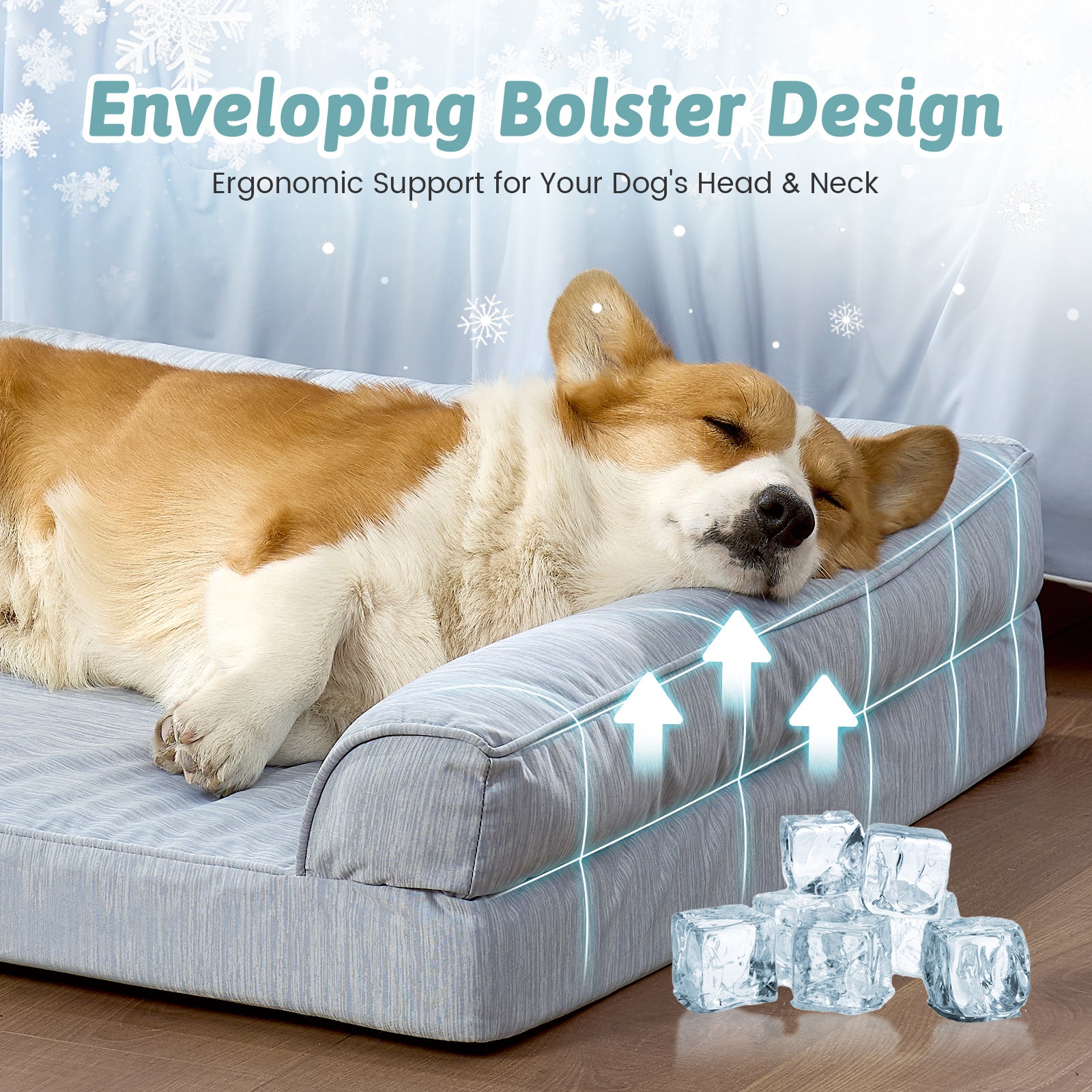 Dog lying on a gray pet bed design pillow with ice cubes and text about ergonomic support.#color_Cool Blue
