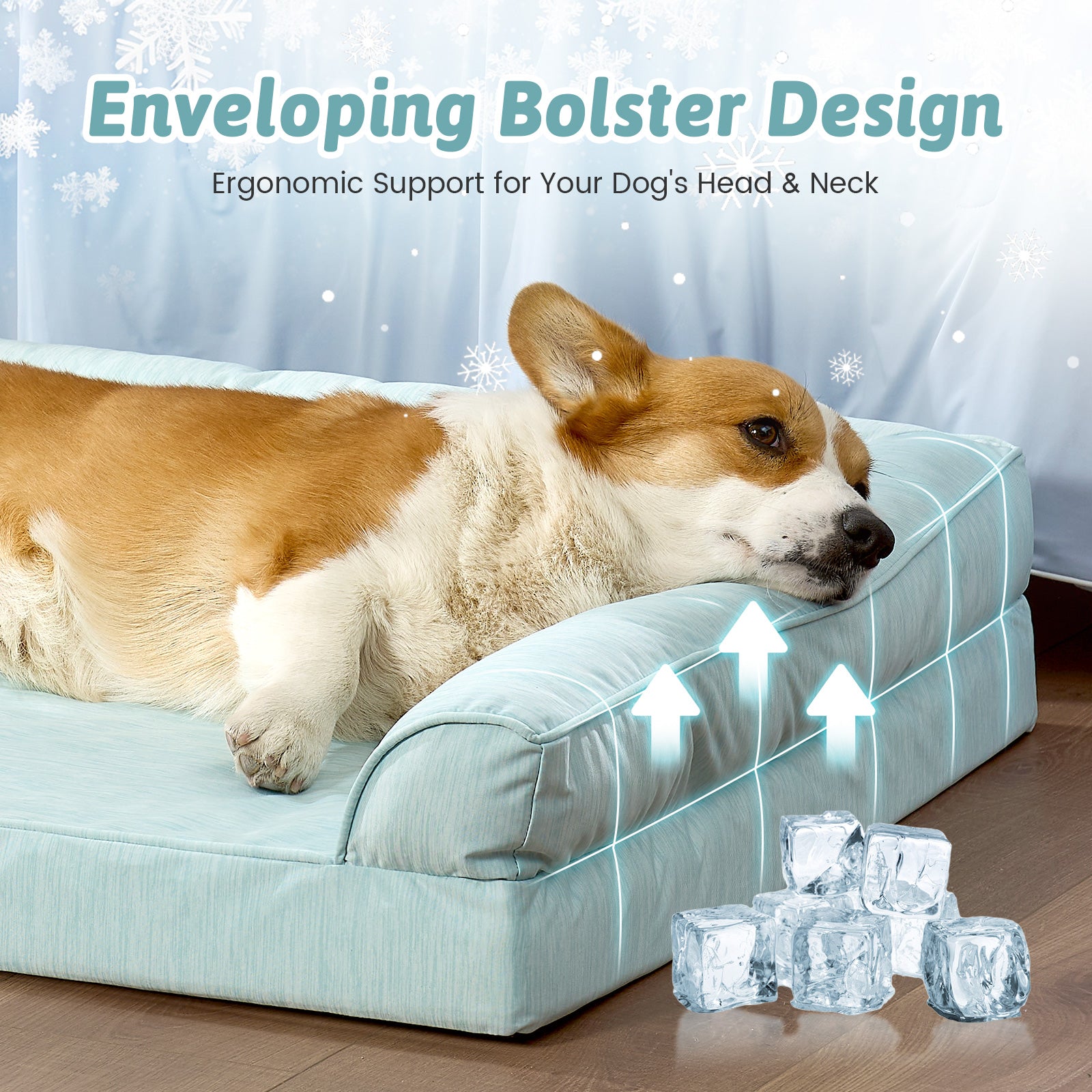Dog lying on agreen pet bed with text about ergonomic support for dogs' heads and necks.#color_Sage Green