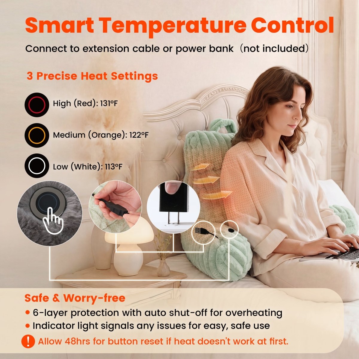 Smart temperature control and 6-layer protection electric heated backrest reading pillow for comfort and safe. #color_Sage Green