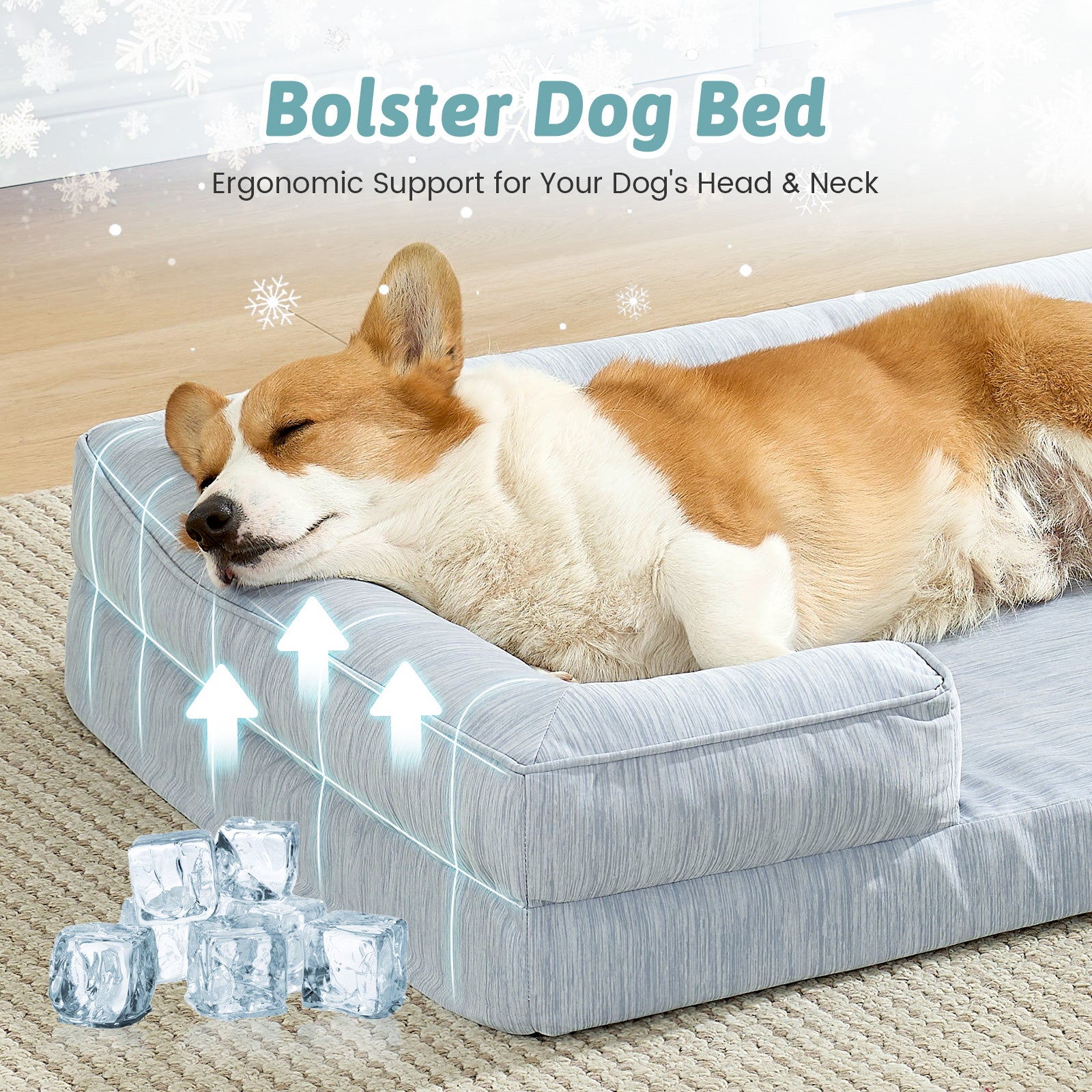 Dog resting on a dog bed with ice cubes and text highlighting support for dogs' head and neck.#color_Cool Blue