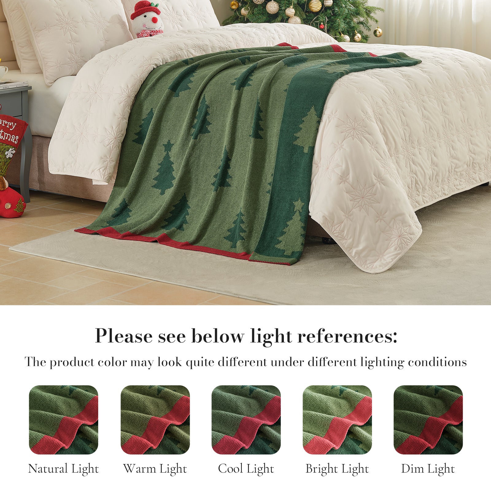 Green blanket with red trim draped over a bed in a cozy room with Christmas decorations. #color_Christmas Tree