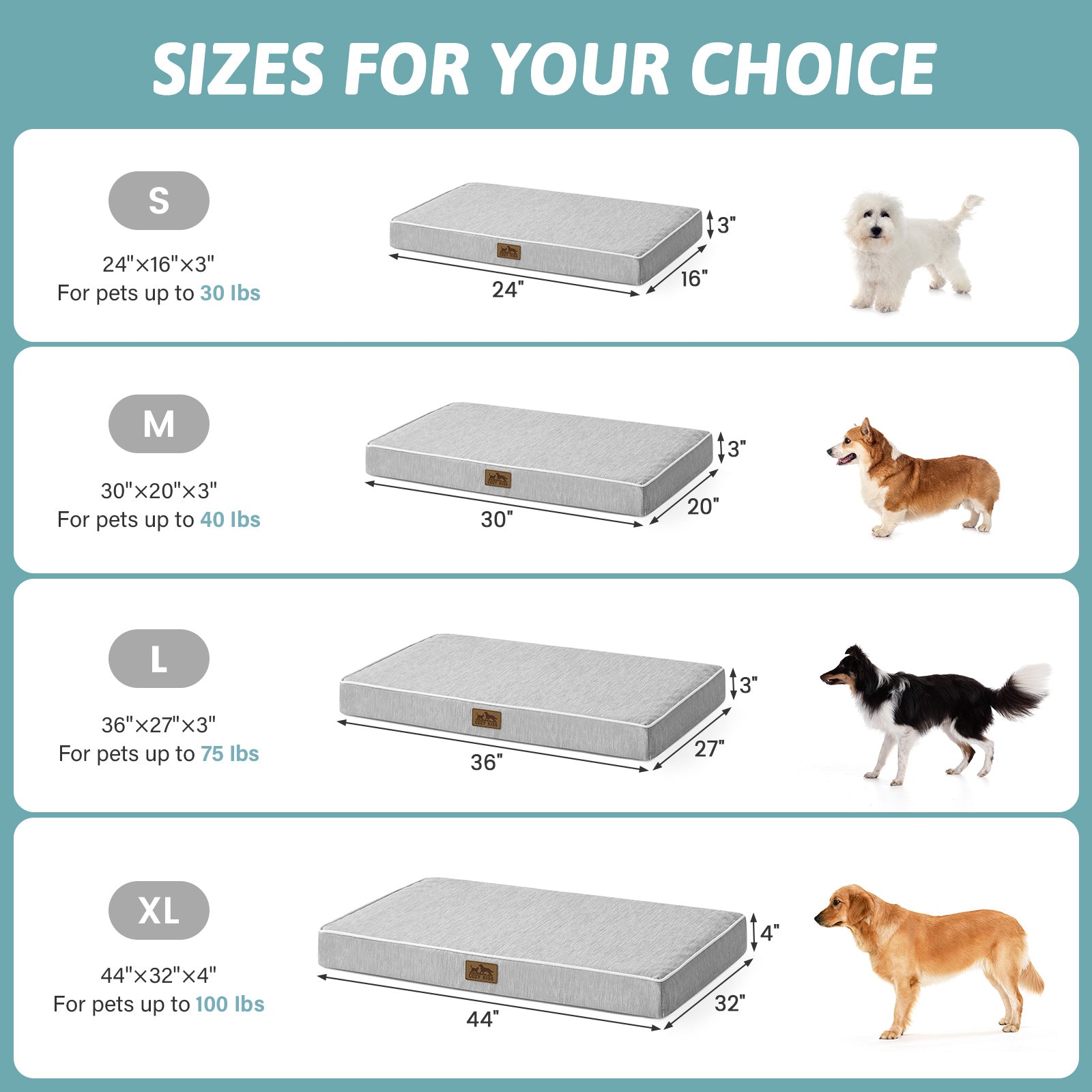 Dog bed size chart with measurements and corresponding pet weight capacities.