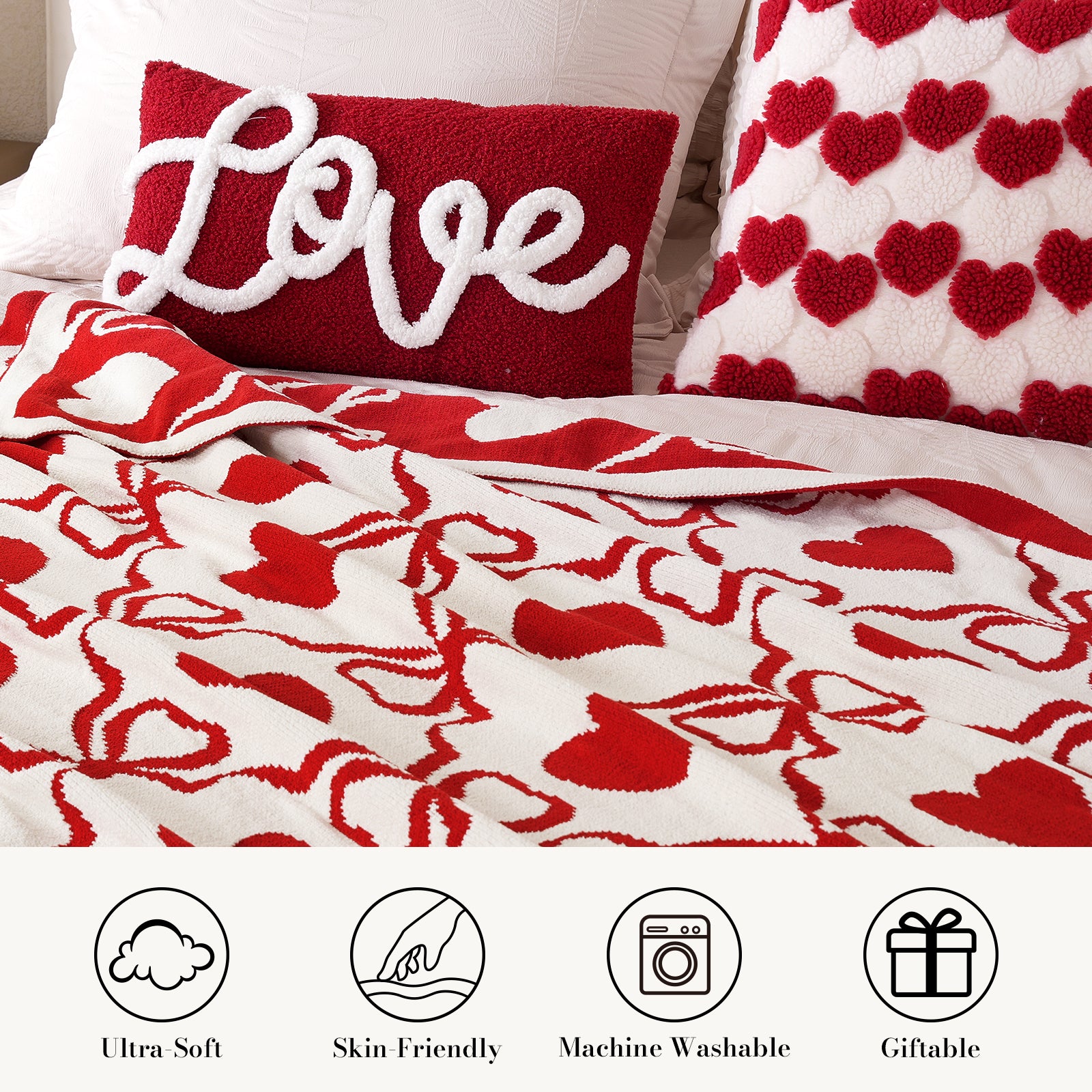 Valentine Heart Bow Jacquard Knit Chenille Throw Blanket