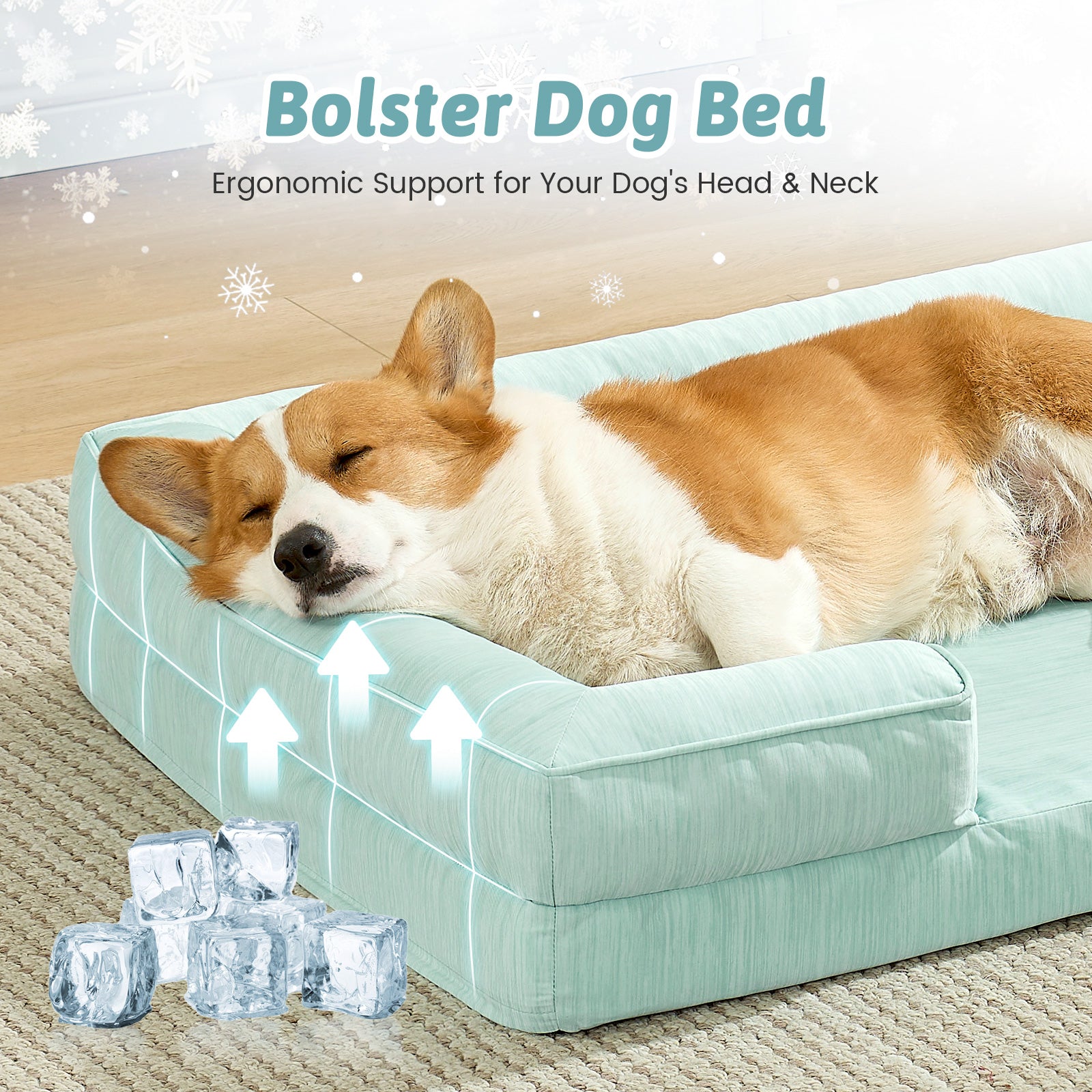 Dog resting on a green dog bed with ice cubes shown in front.#color_Sage Green