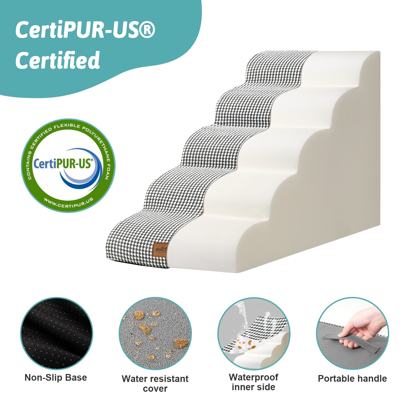 CertiPUR-US certified pet stairs with features highlighted on a white background#color_Black White