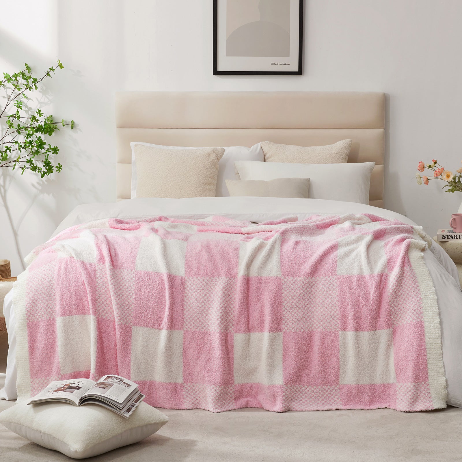 Checkered Feather Yarn Throw Blanket - Romantic Red