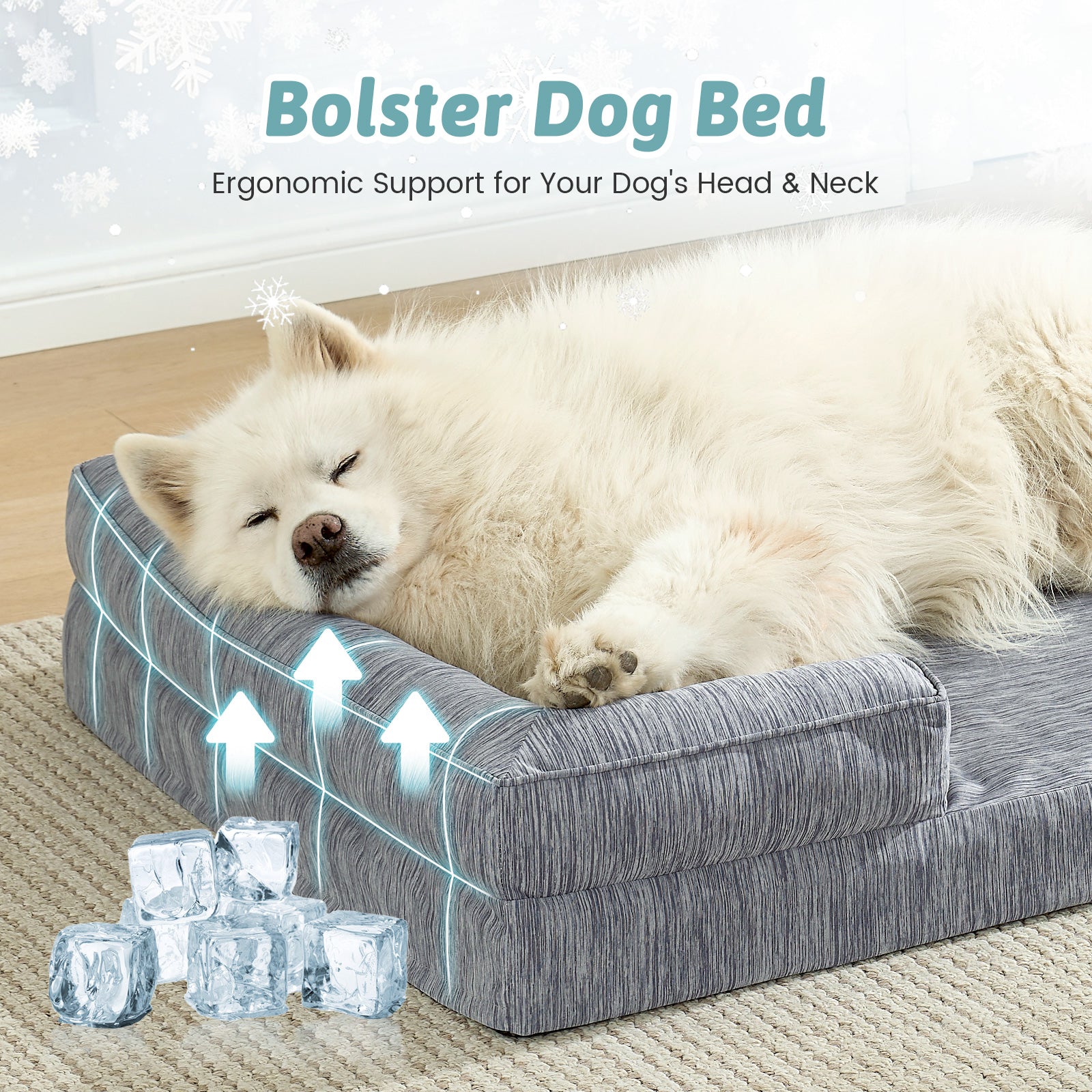 Dog lying on a gray bolster dog bed with text about ergonomic support.#color_Dark Grey