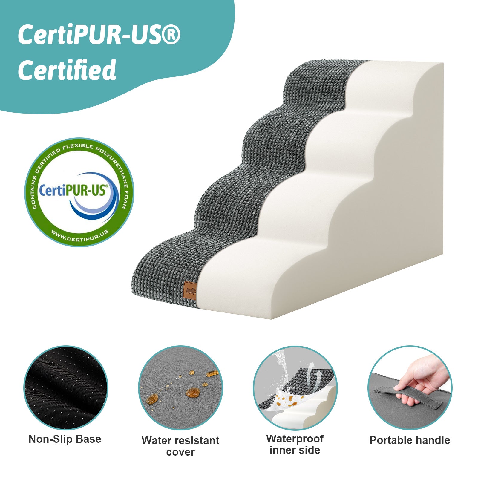 CertiPUR-US certified pet step with features highlighted on a white background#Color_Charcoal Grey