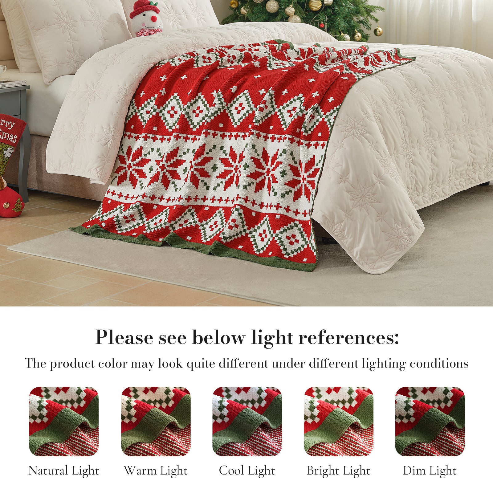 Decorative red and white patterned blanket on a bed with Christmas tree and stockings in the background. #color_Fair Isle