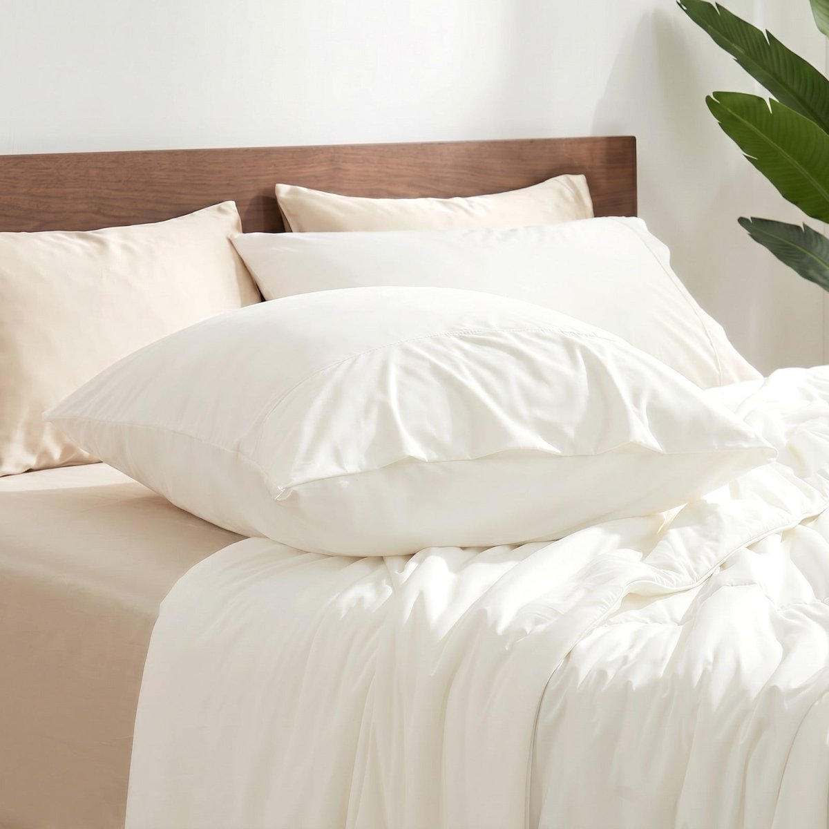 Cozy Bliss envelope cooling pillowcases on bed.#color_Off White