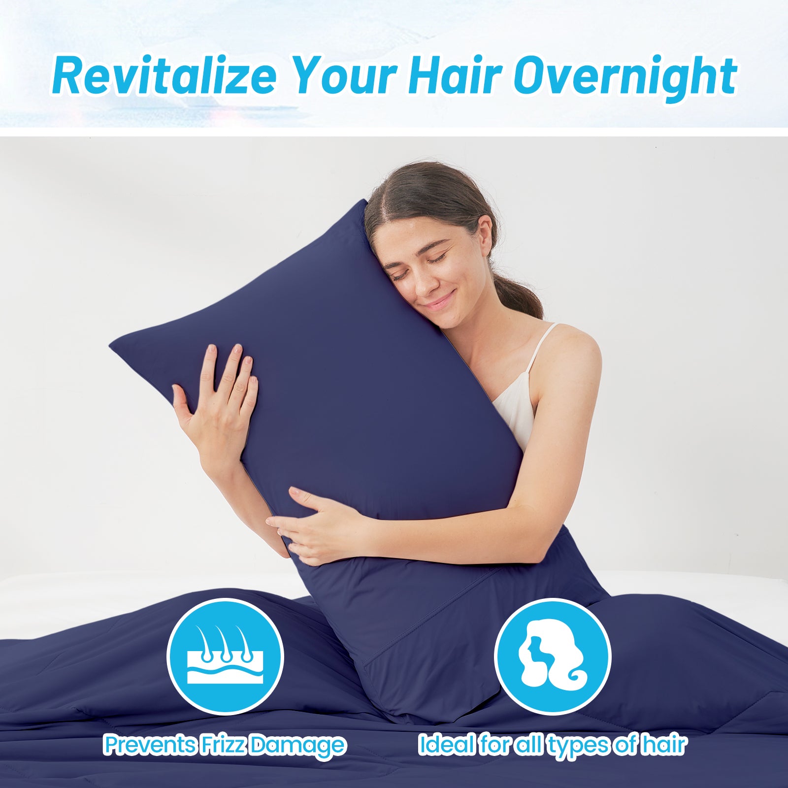 Dark blue cooling pillowcase, revitalizing hair overnight, prevents frizz and suits all hair types. #color_Dark Blue