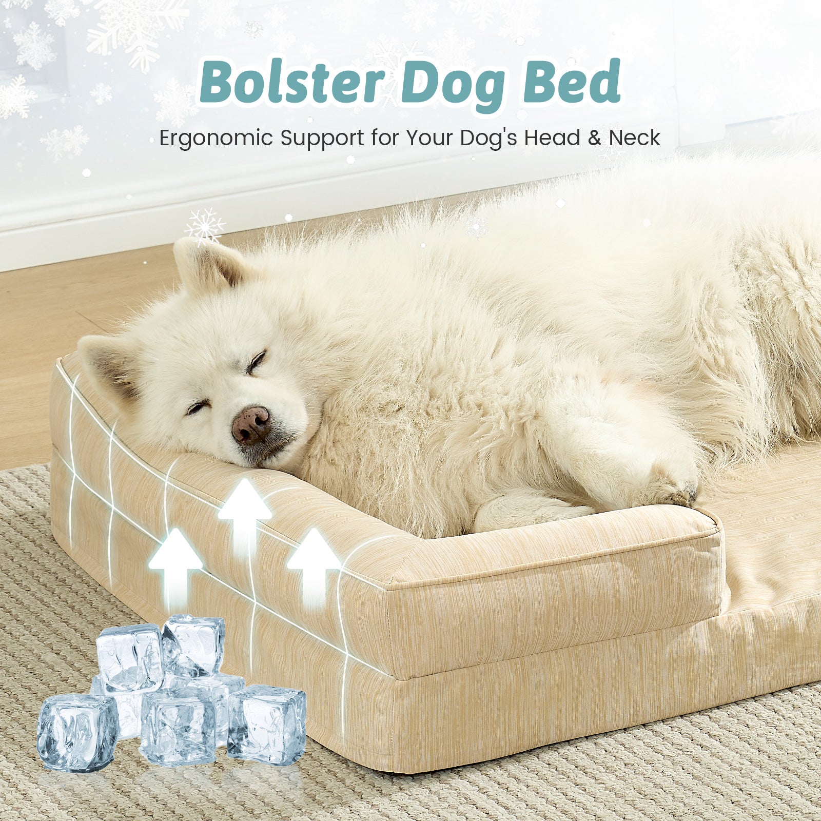 Dog lying on a beige og bed with ergonomic support for head and neck, surrounded by ice cubes.#color_Beige