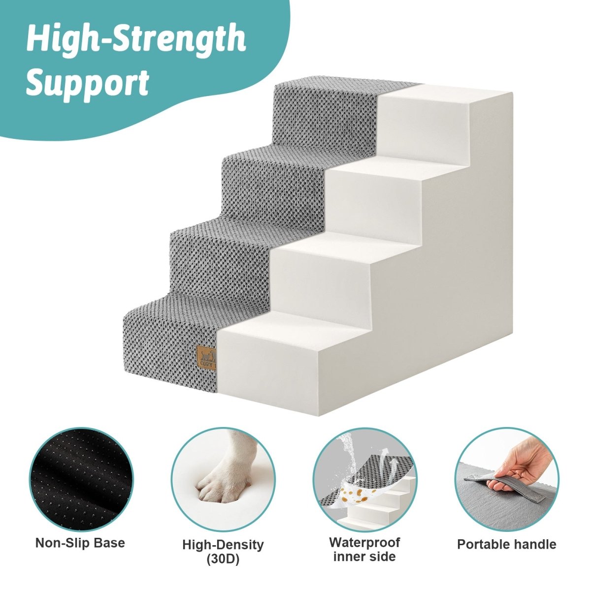 High-strength support of Cozy Bliss foam pet stairs featuring non-slip base, 30D high-density foam, waterproof inner side, and portable handle. #color_Light Grey