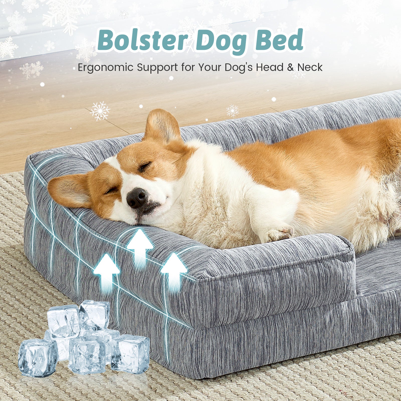 Dog lying on a gray dog bed with ergonomic support for head and neck, surrounded by ice cubes.#color_Dark Grey
