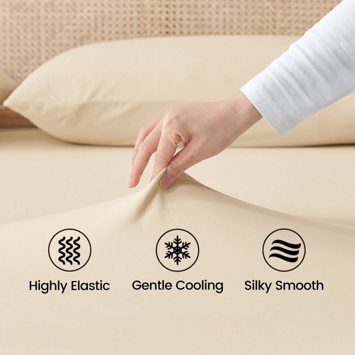 Close up of high elastic, silk smooth and cooling fabric in Cozy Bliss sheet set.#color_Khaki