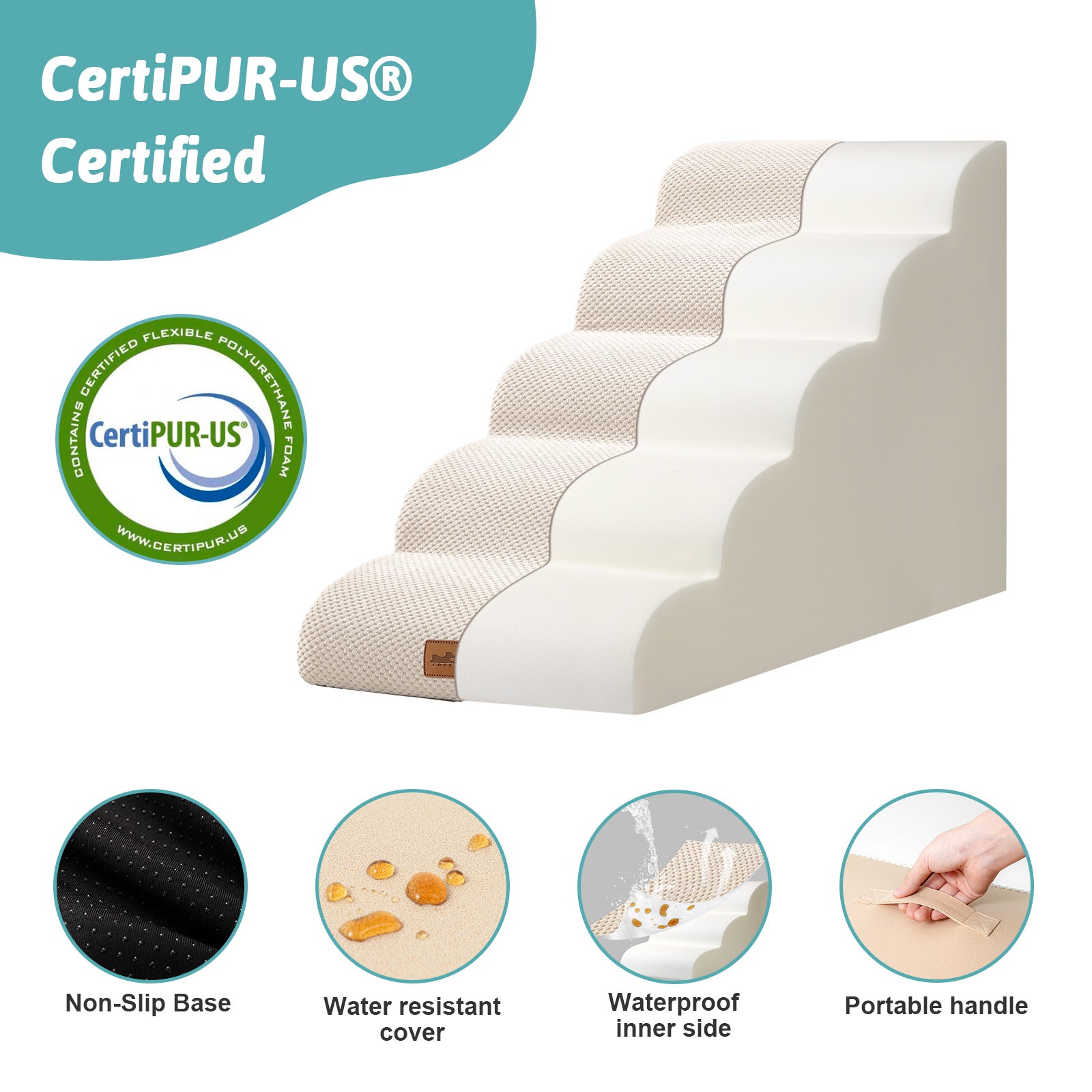 CertiPUR-US certified pet step with features highlighted on a white background#color_Beige