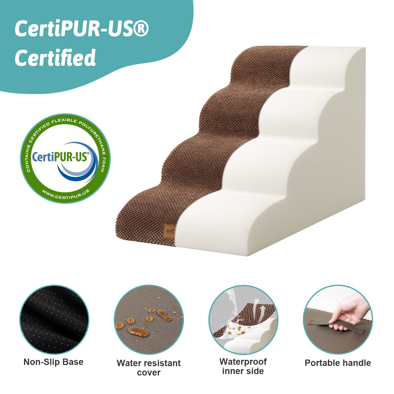 Pet stair with CertiPUR-US certification logo and features listed.#color_Brown