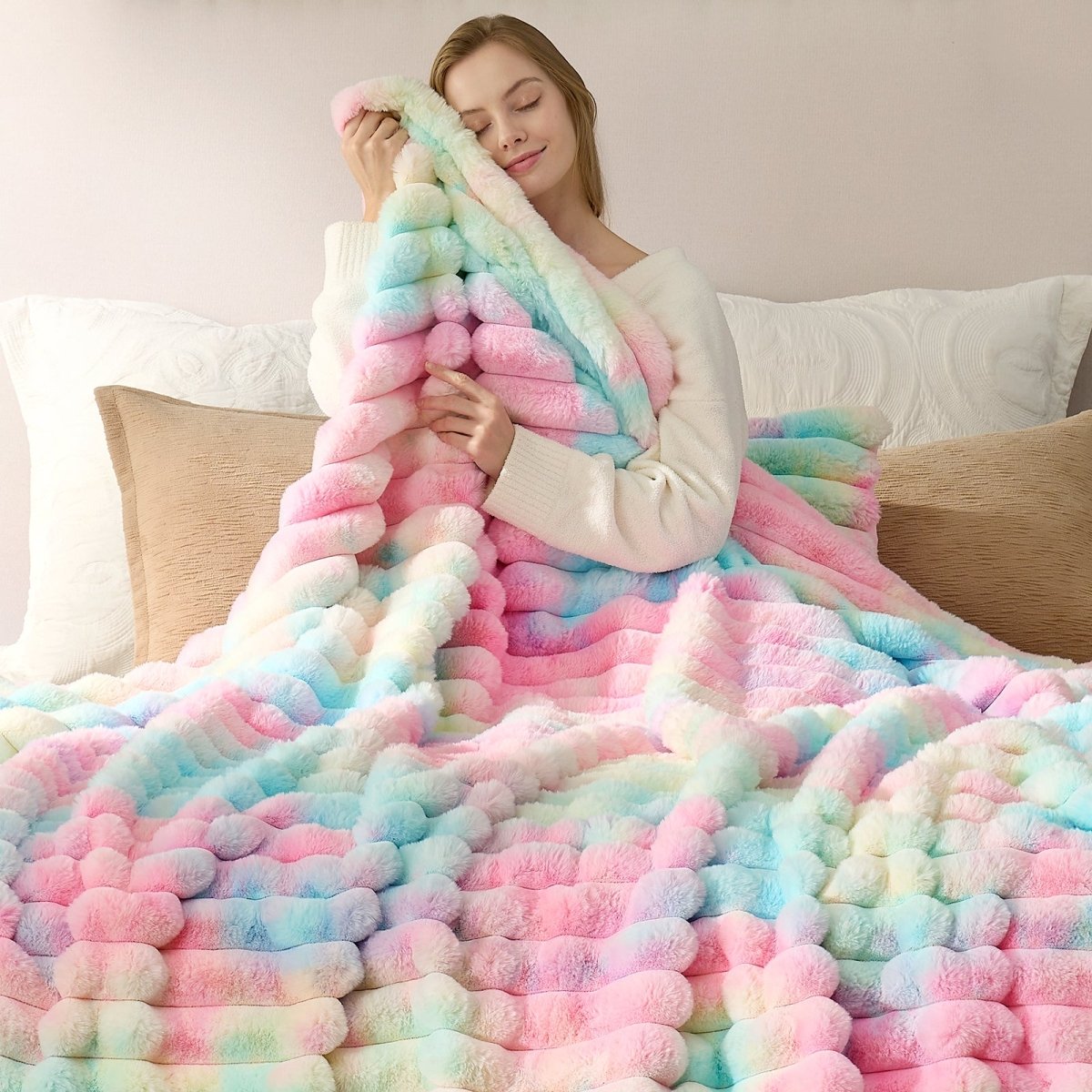 Women wrapped in a colorful, fluffy blanket on a bed. #color_Tie-dye Rainbow