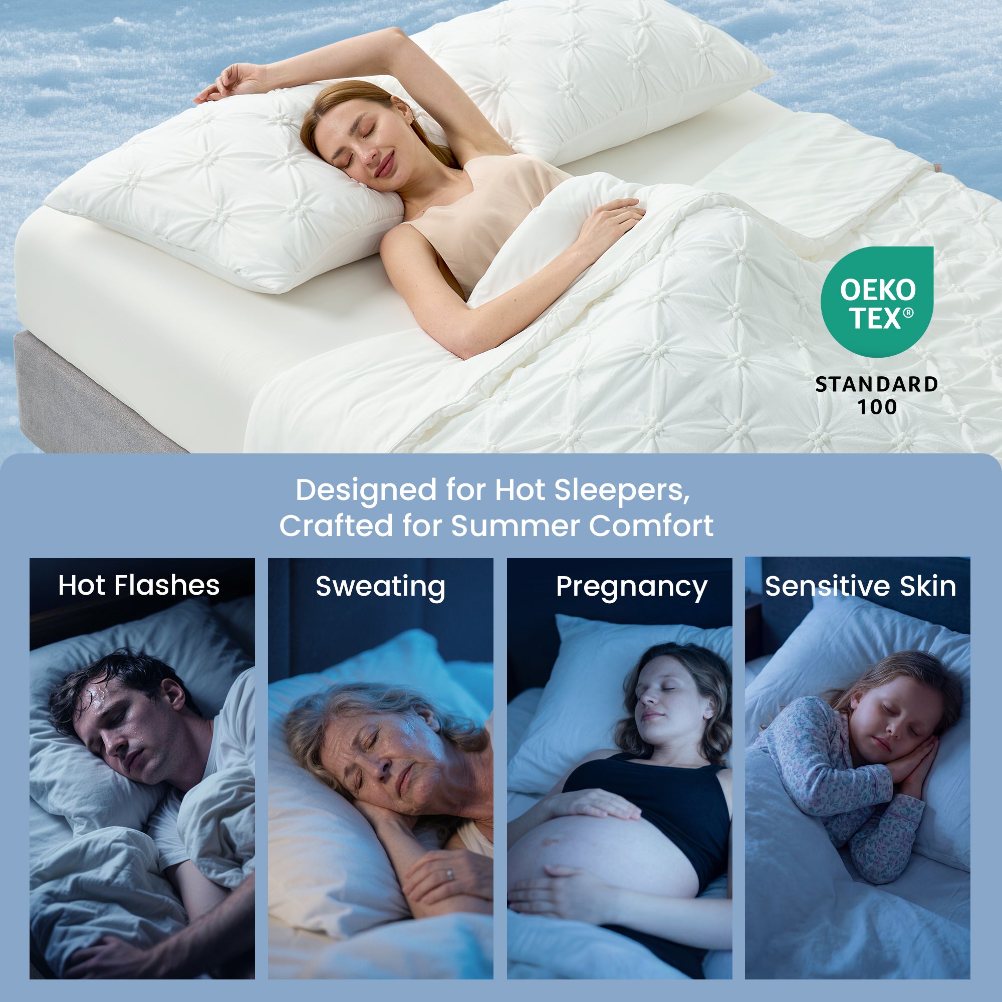 Cozy Bliss pintuck cooling comforter designed for hot sleepers. #Color_White