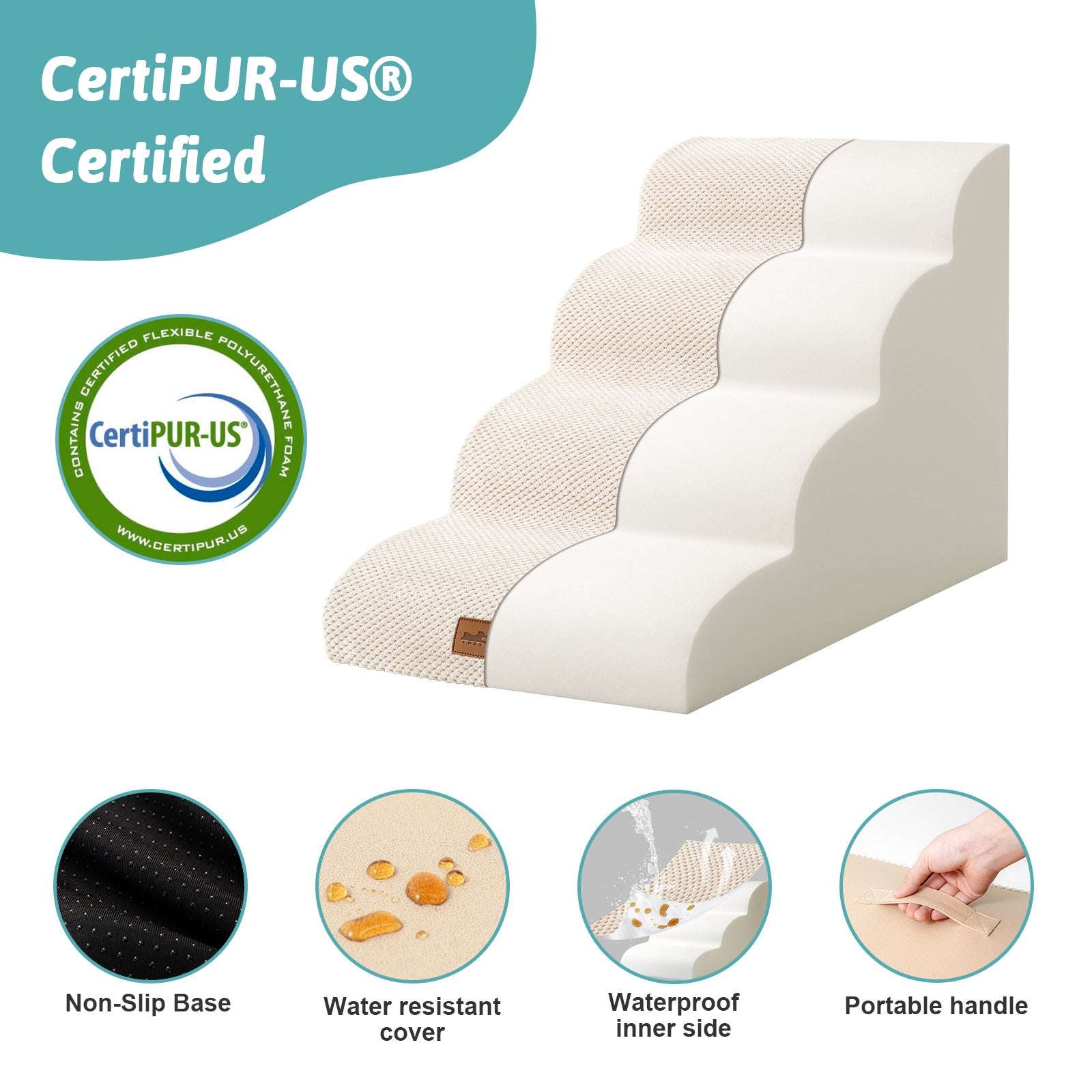 White pet step with CertiPUR-US certification and features on a white background#Color_Beige