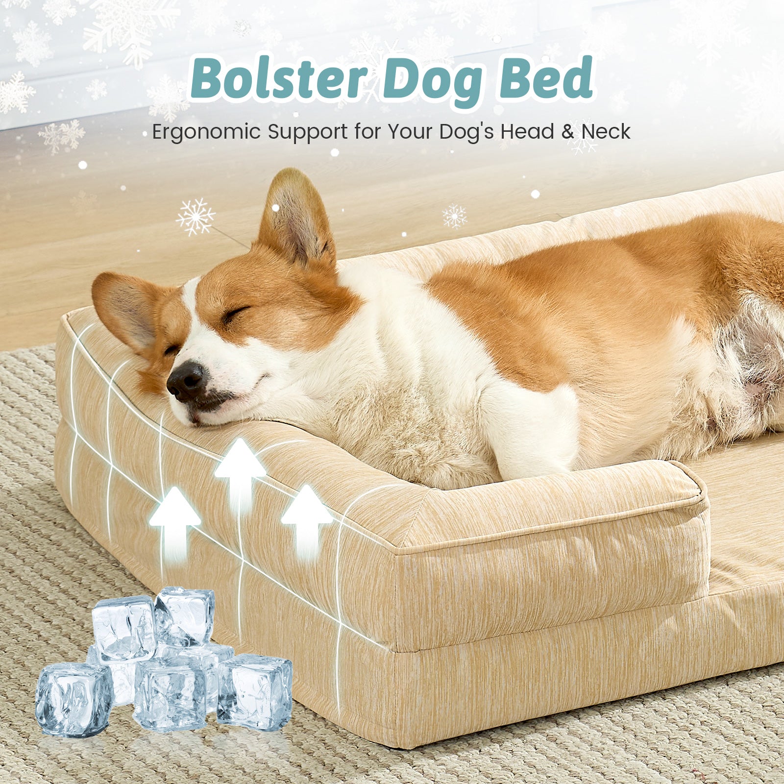 Dog resting on a beige bolster dog bed with ice cubes and text about ergonomic support.#color_Beige