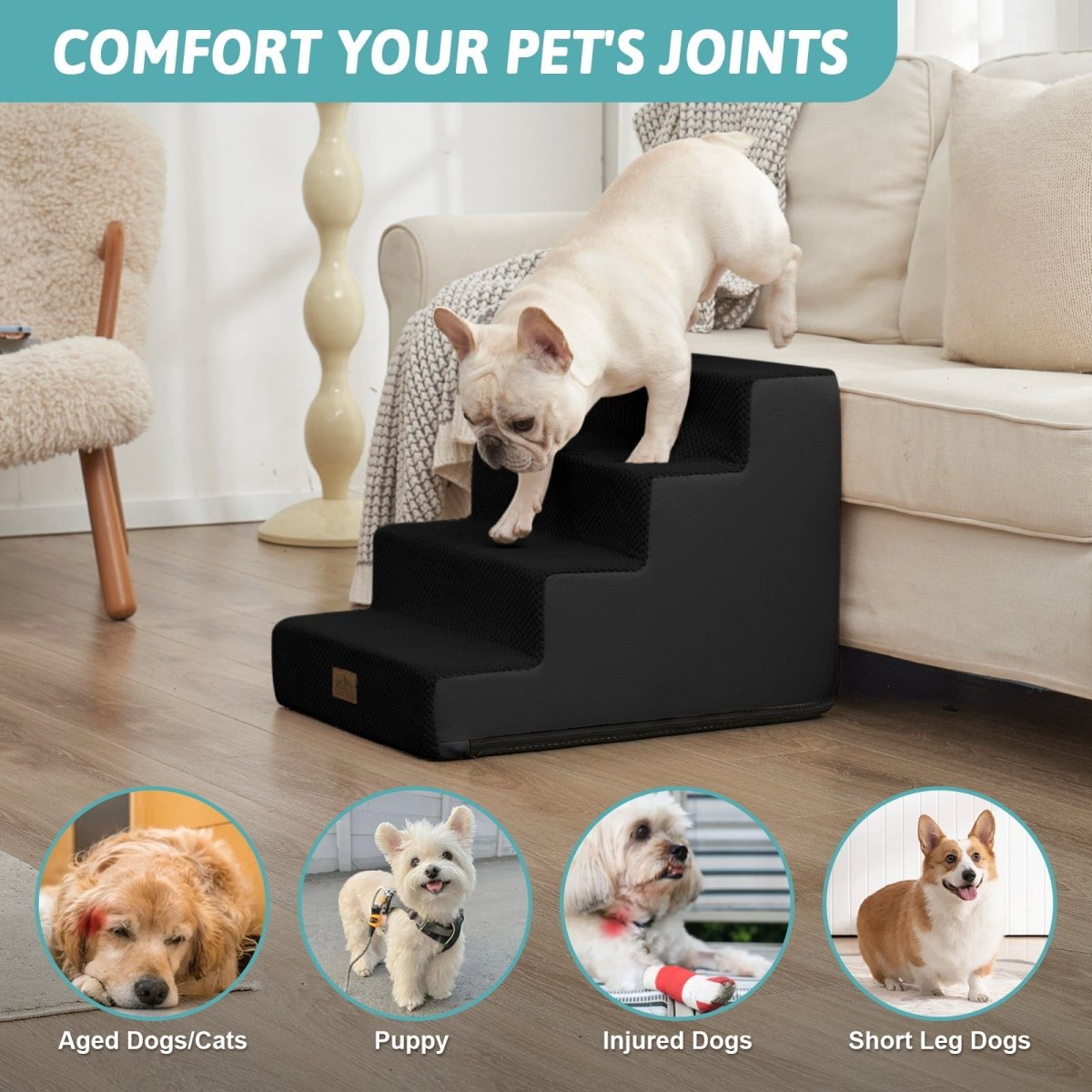 Wider Cozy Bliss foam pet stairs with 12% deeper steps compared to others for better stability. #color_Black