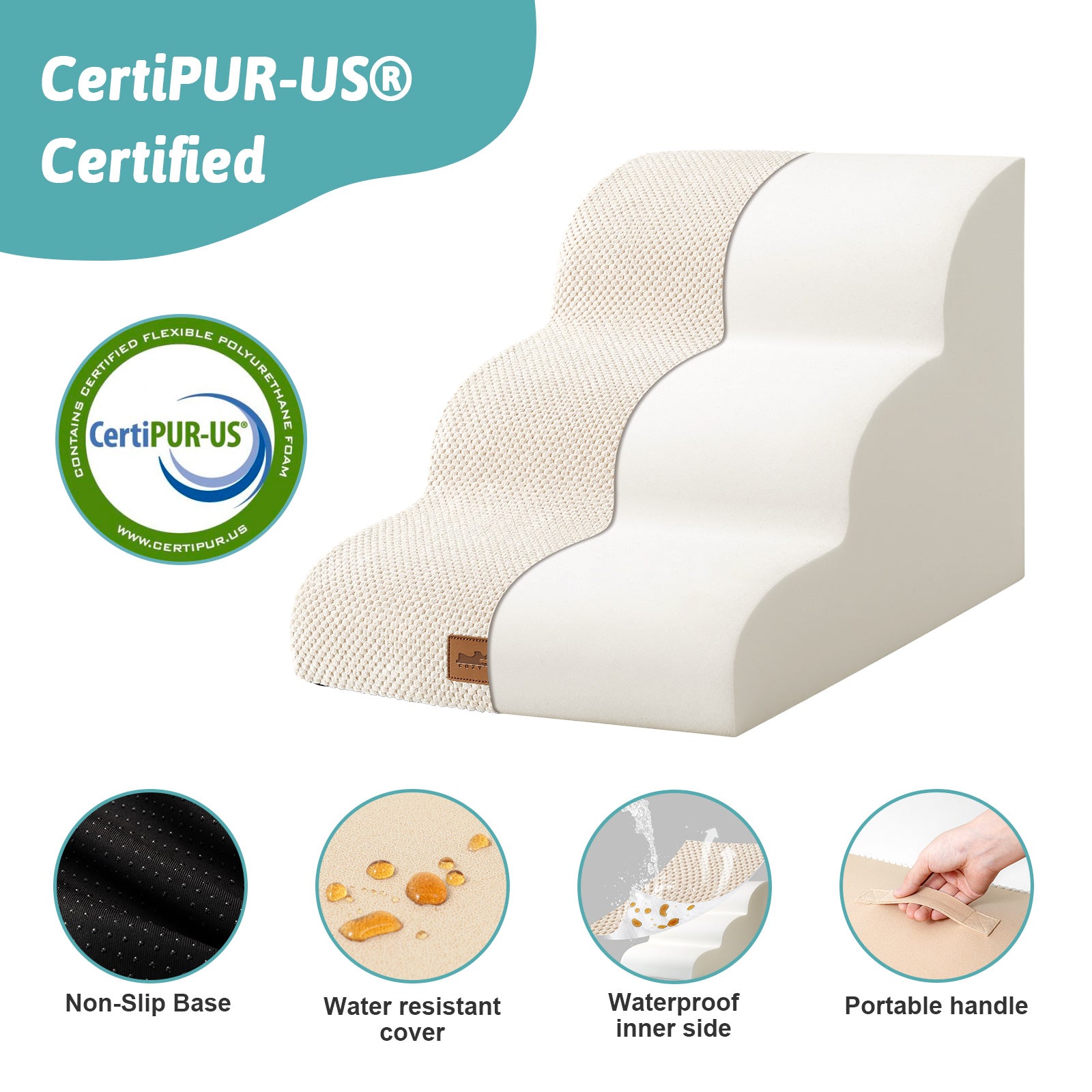 CertiPUR-US certified pet stairs with features listed on a white background#Color_Beige
