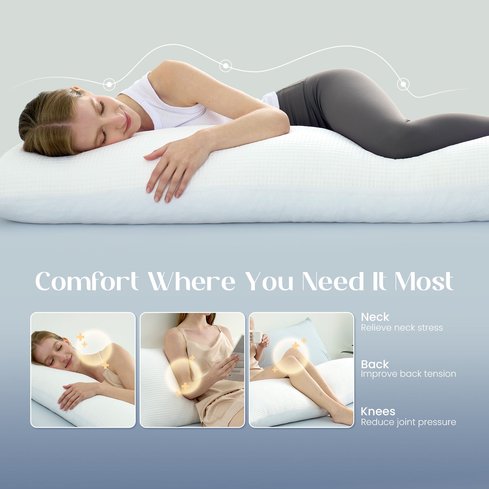 Outlast® Cooling Body Pillow delivers cooling comfort and full-body support for side sleepers, expectant mothers, and anyone seeking pressure relief with a cooler sleep feel.#color_White