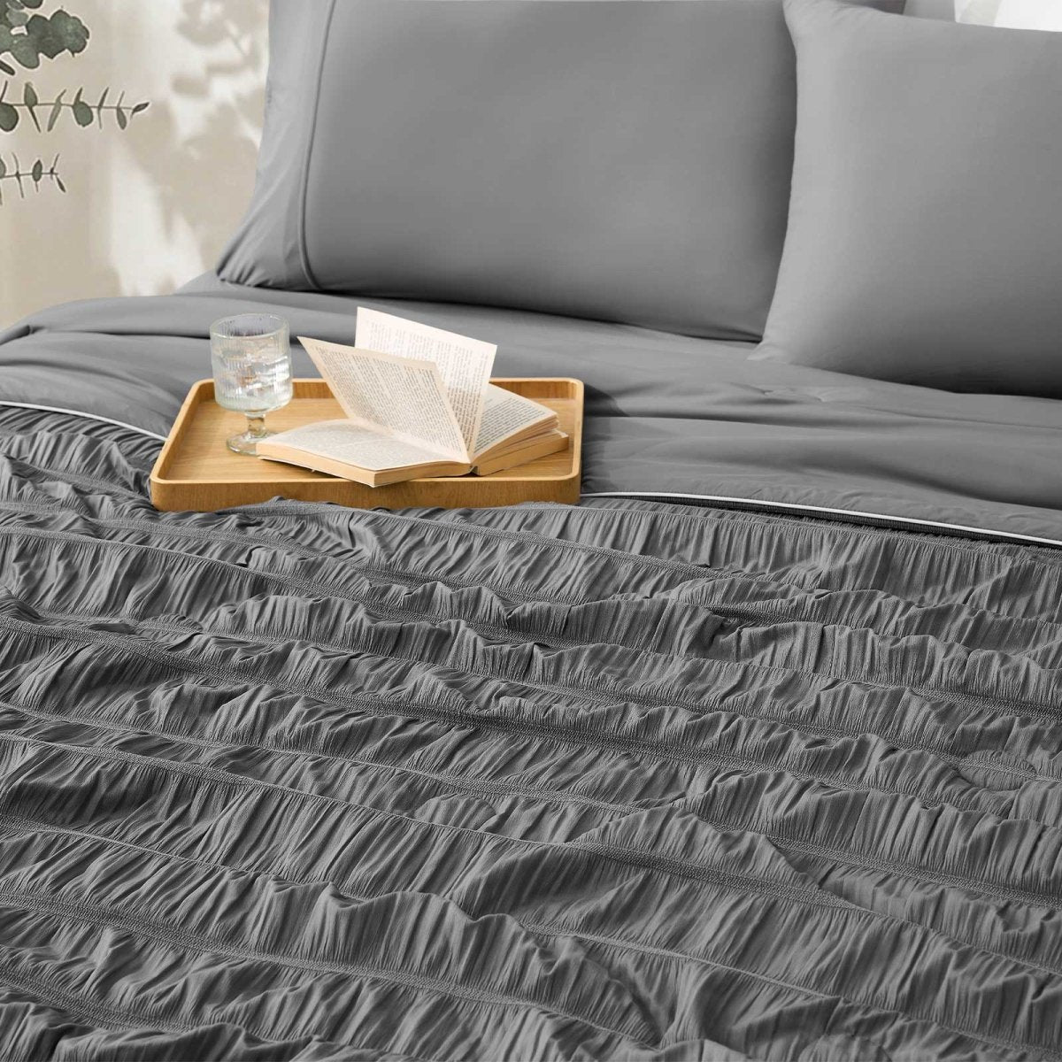 Close-up of Cozy Bliss Vertical Striped Seersucker Cooling Comforter. #color_Charcoal Grey