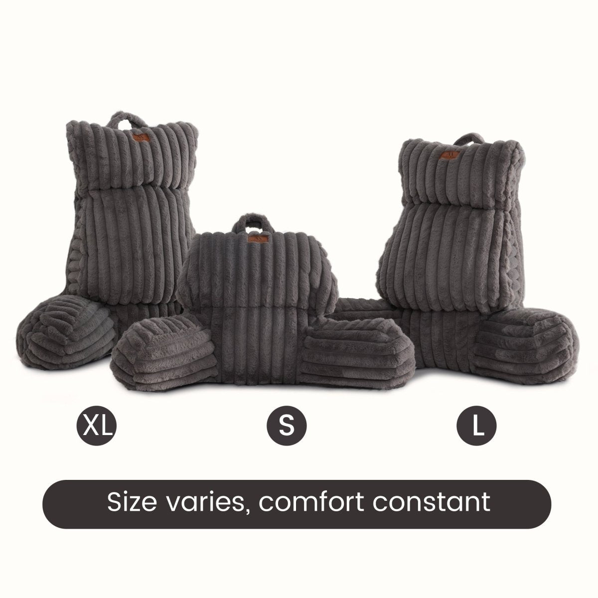 Cozy Bliss striped reading pillow size guide for standard, large, and x-large support options #color_Charcoal Grey