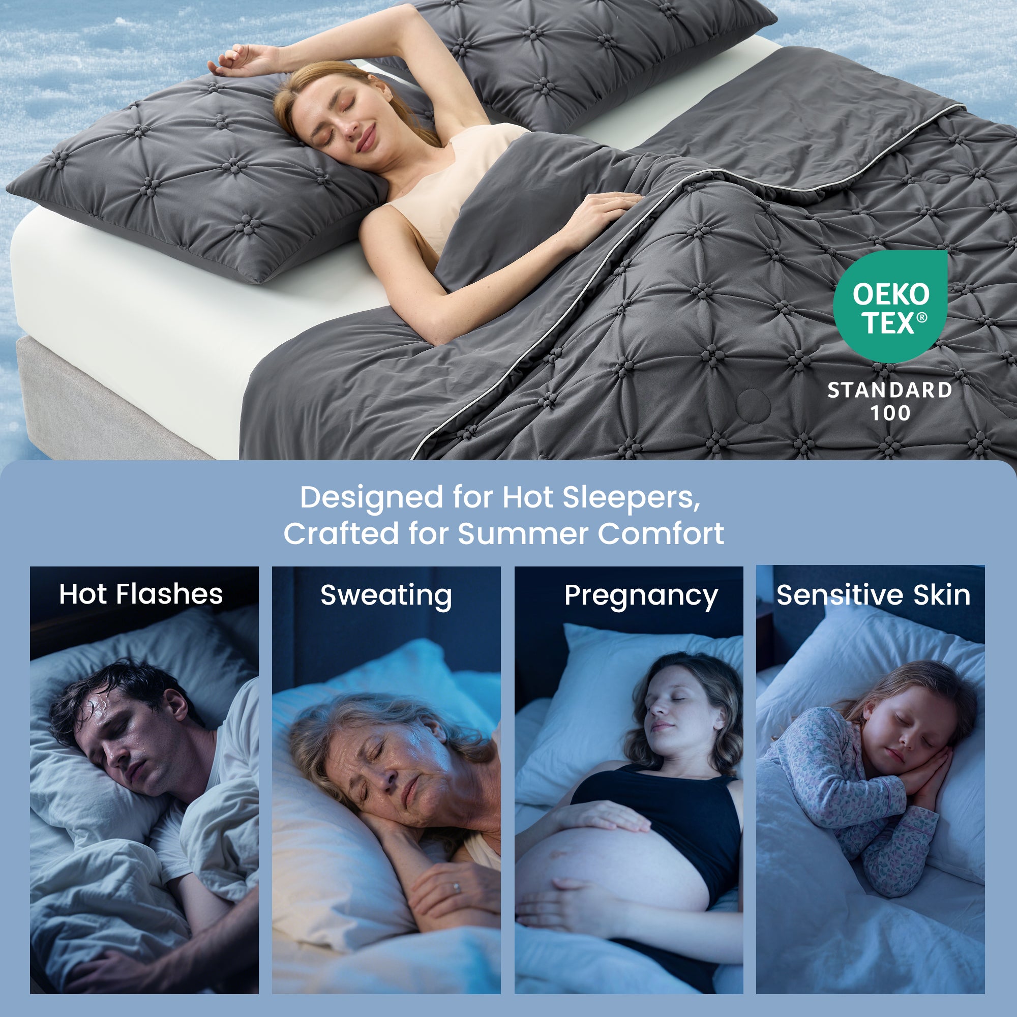 Woman sleeping under a gray quilt with Oeko-Tex Standard 100, which is designed for hot flashes, sweating, pregnancy, and sensitive skin. #Color_Charcoal Grey