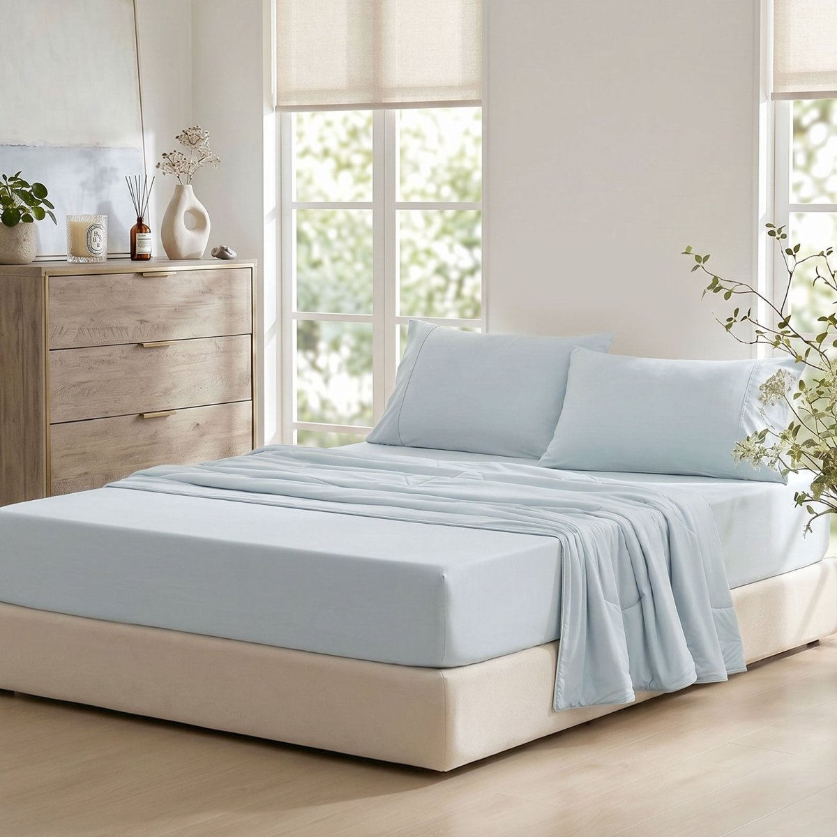 Cozy Bliss Cooling fitted sheet set in side view #Color_Cool Blue