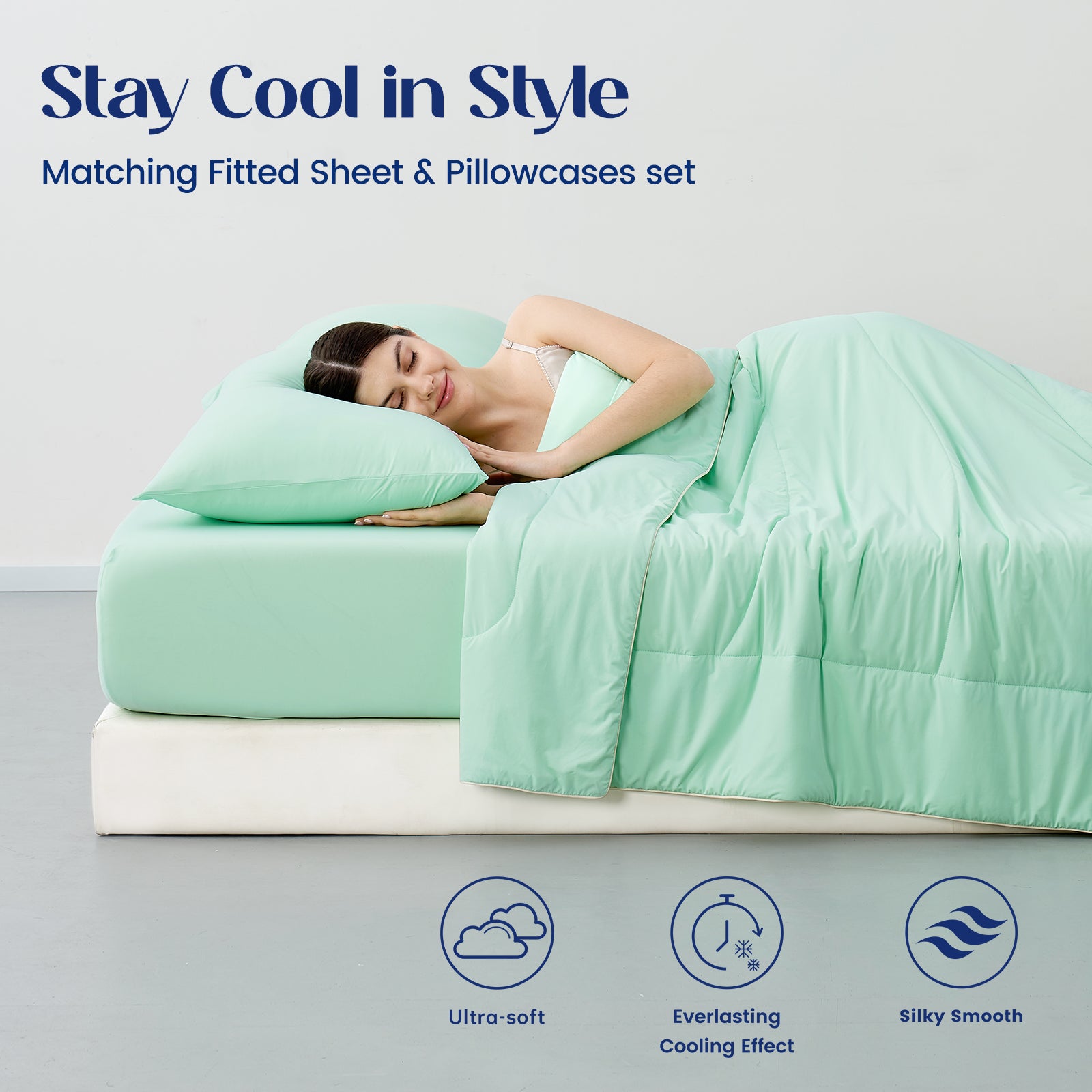Woman lying on a cooling sheet set   with matching fitted sheet and pillowcases set.#color_Mint Macaron