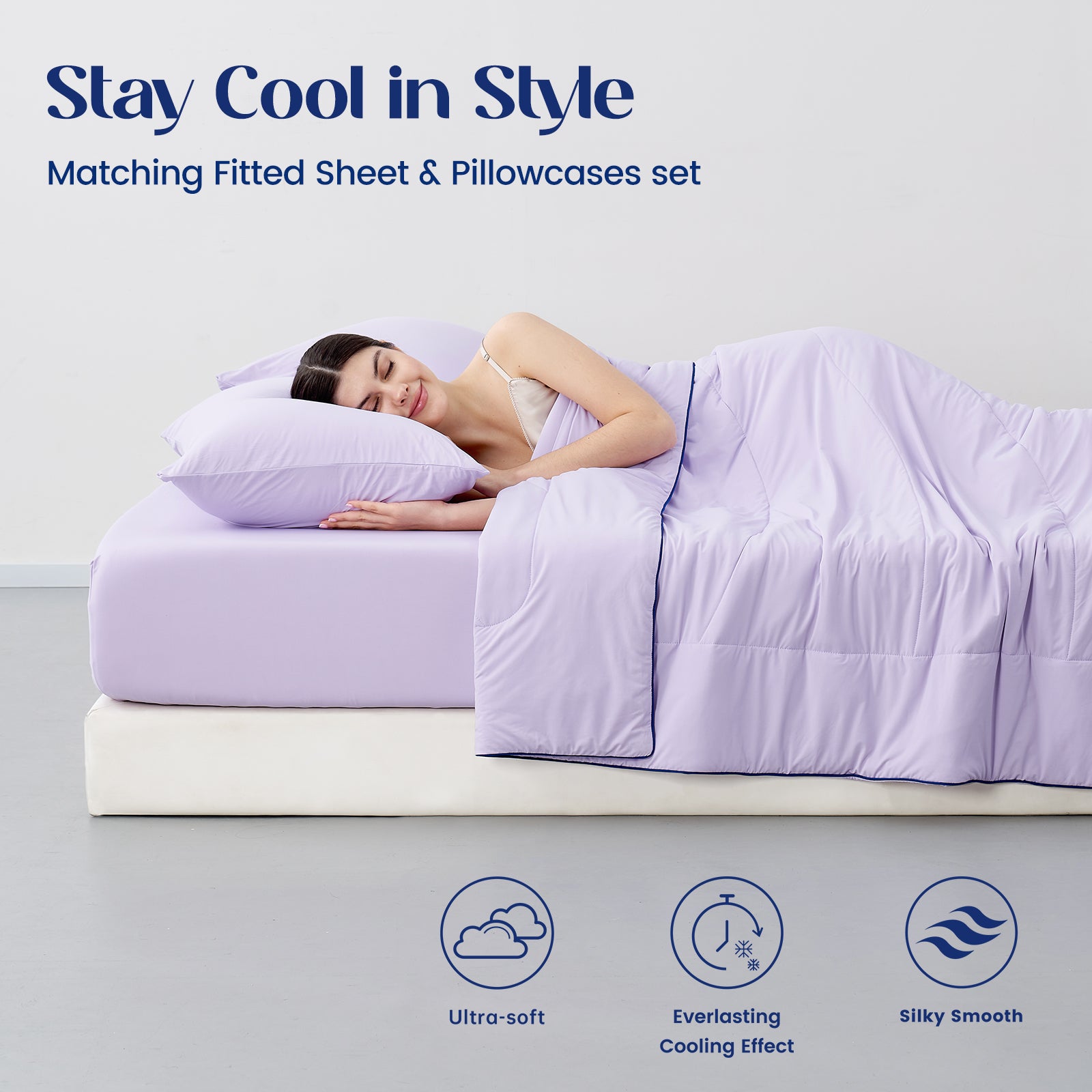 Woman lying on a cooling sheet set   with matching fitted sheet and pillowcases set.#color_Purple