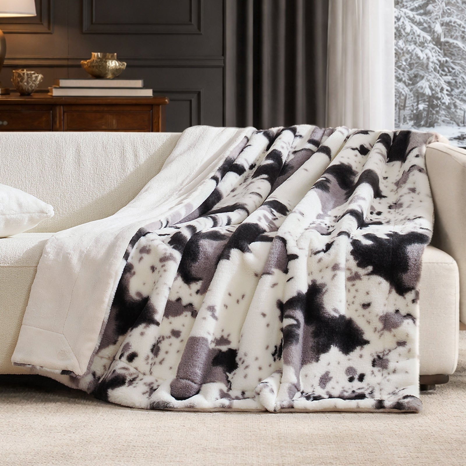 Cow Print Faux Fur Throw Blanket