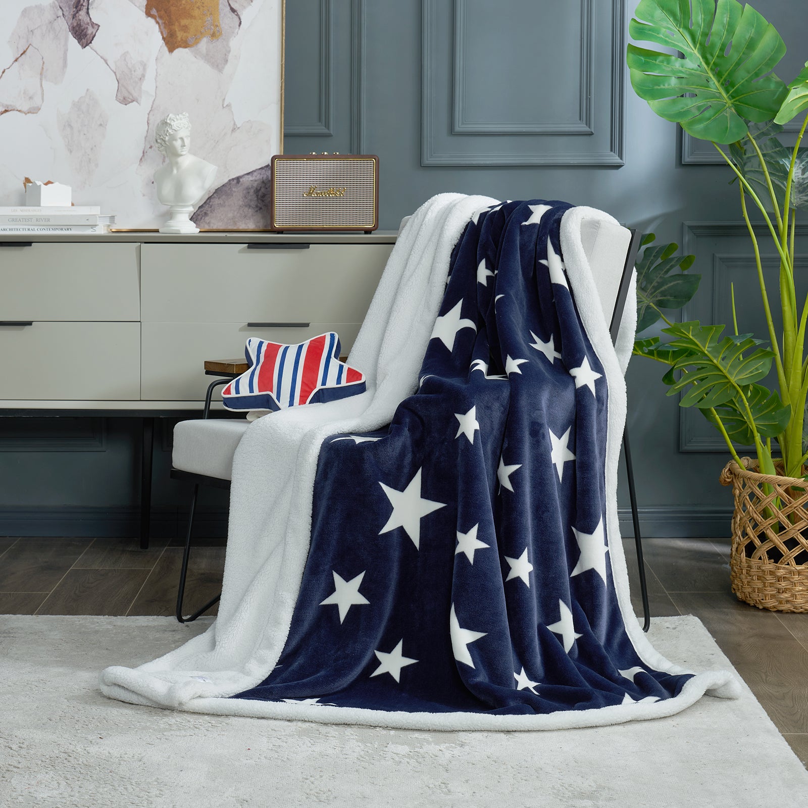Reversible Sherpa Navy Blue Star Throw Blanket