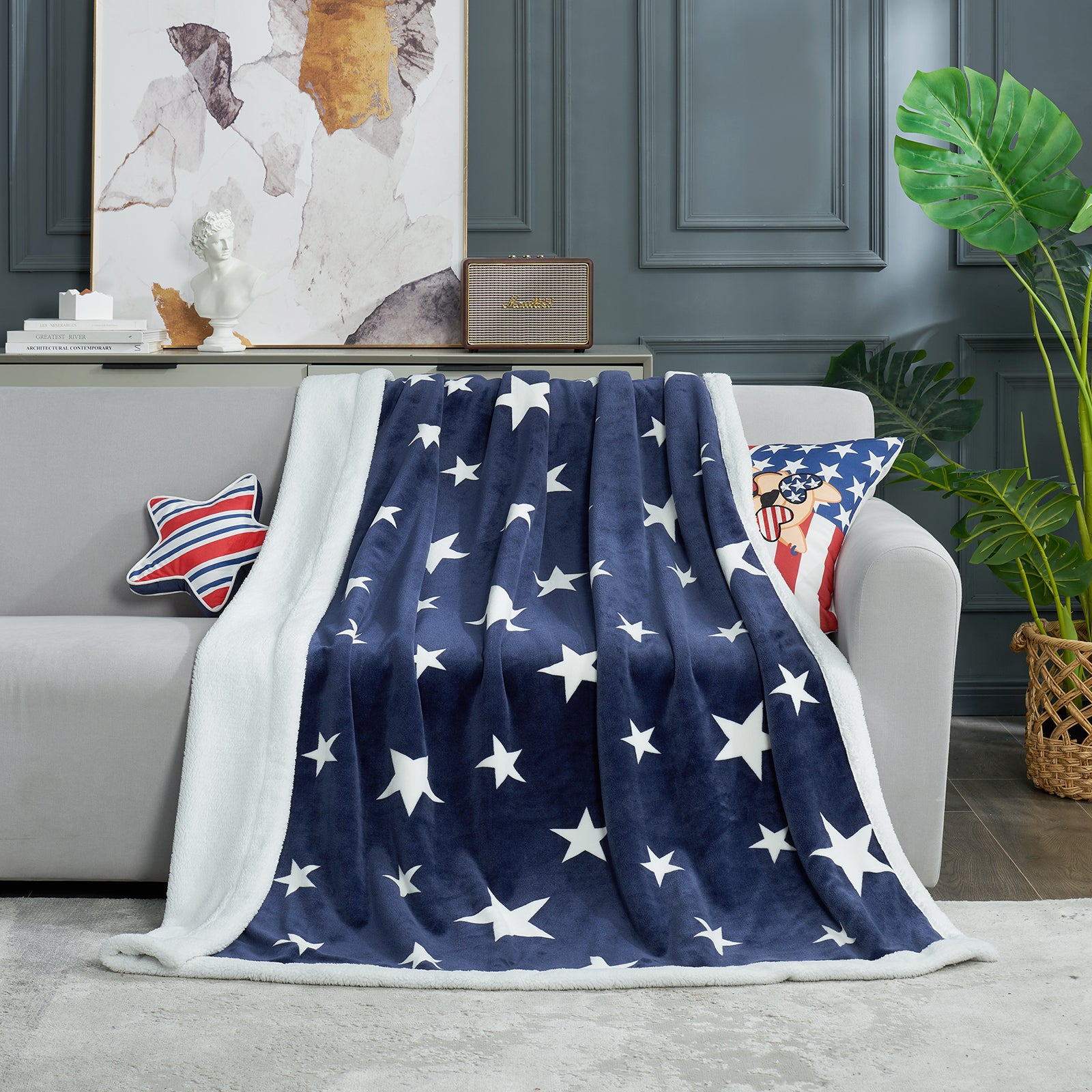 Reversible Sherpa Navy Blue Star Throw Blanket