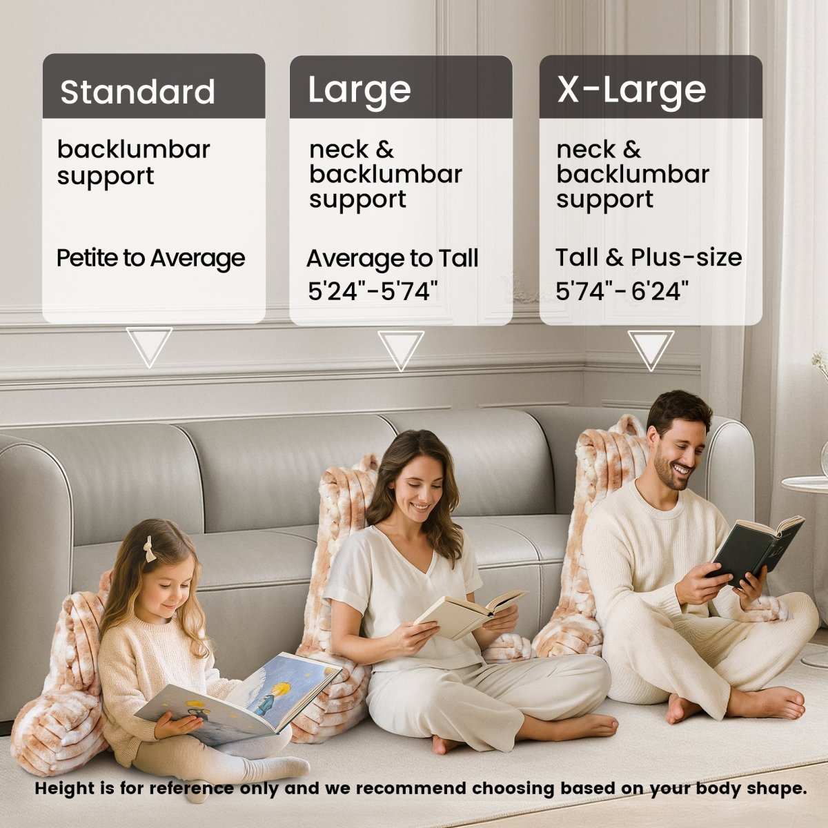 Cozy Bliss striped reading pillow size guide for standard, large, and x-large support options #color_Tie-dye Beige