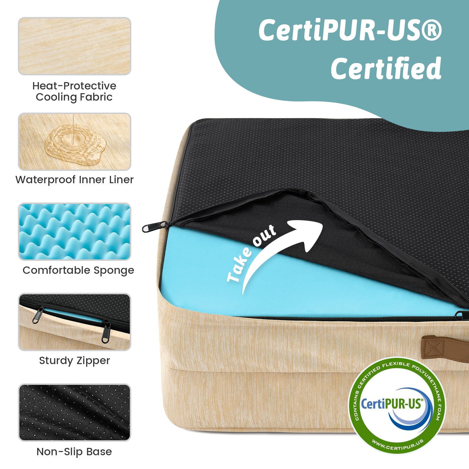 Pet bed with CertiPUR-US certification and features listed on a white background#color_Beige