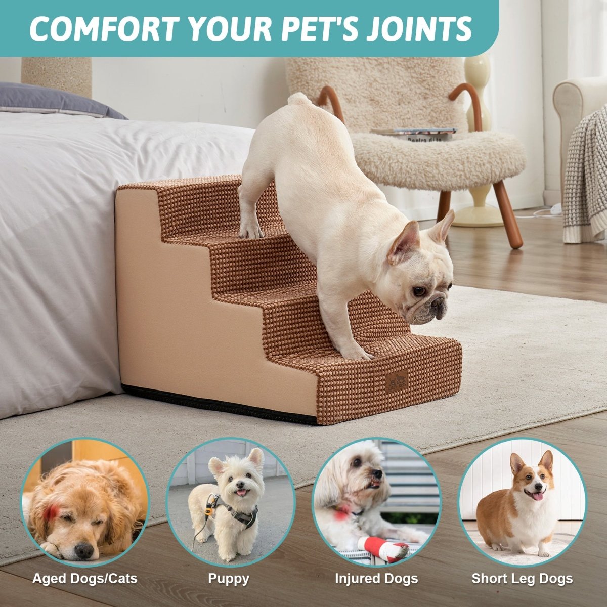 Cozy Bliss foam pet stairs help comfort joints for aged dogs, puppies, injured dogs, and short-leg dogs. #color_Light Brown