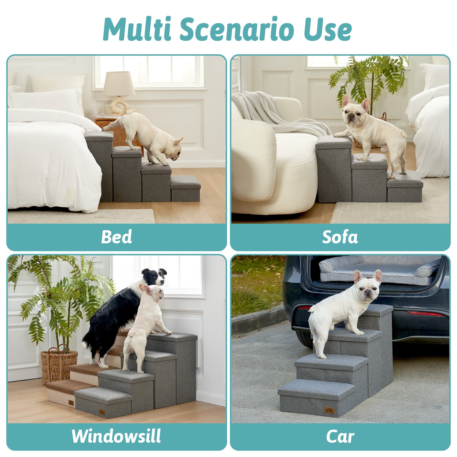 Versatile Cozy Bliss storage pet stairs for multi-scenario use such as bed, sofa, windowsill, and car. #color_Grey